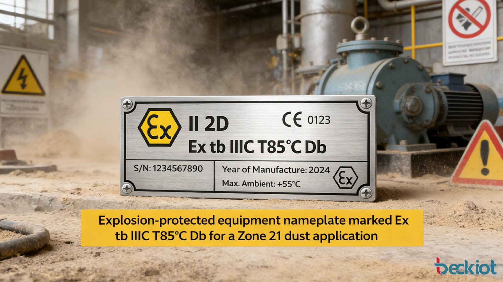 标注Ex tb IIIC T85°C Db的21区粉尘应用防爆设备铭牌示意图