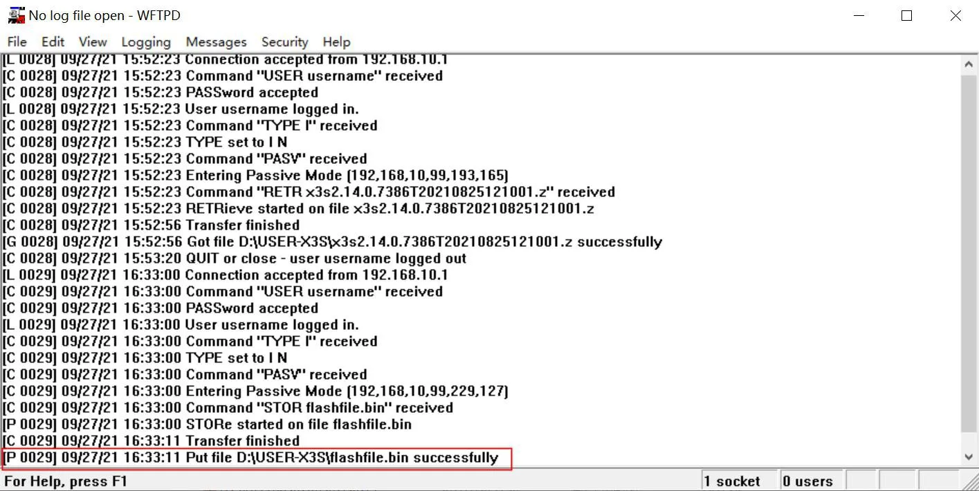 FTP server window showing flash export activity