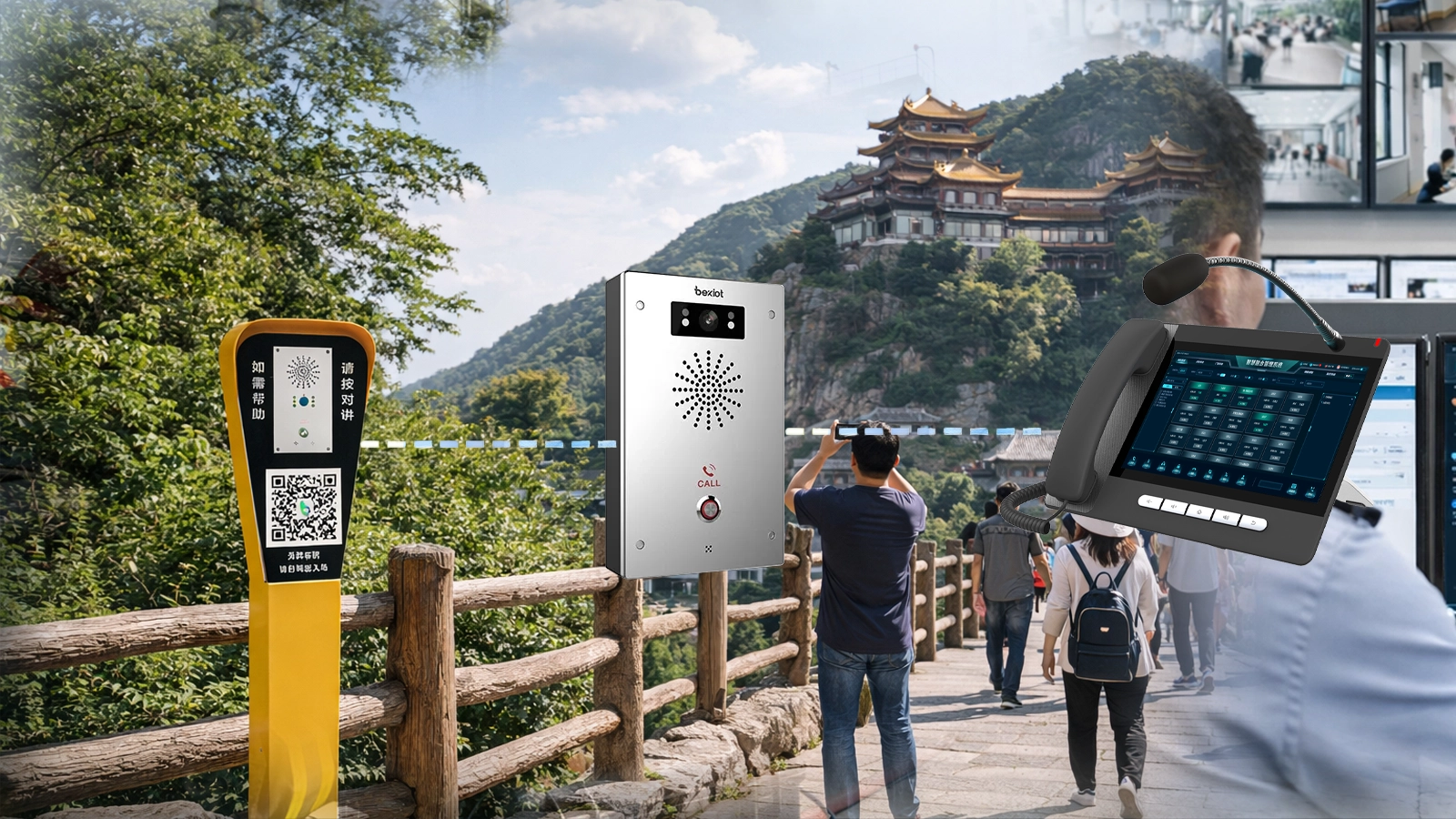 景区应急对讲与求助系统架构，包含户外求助终端、SIP对讲、电话设备、公共广播、视频监控及集中管控平台