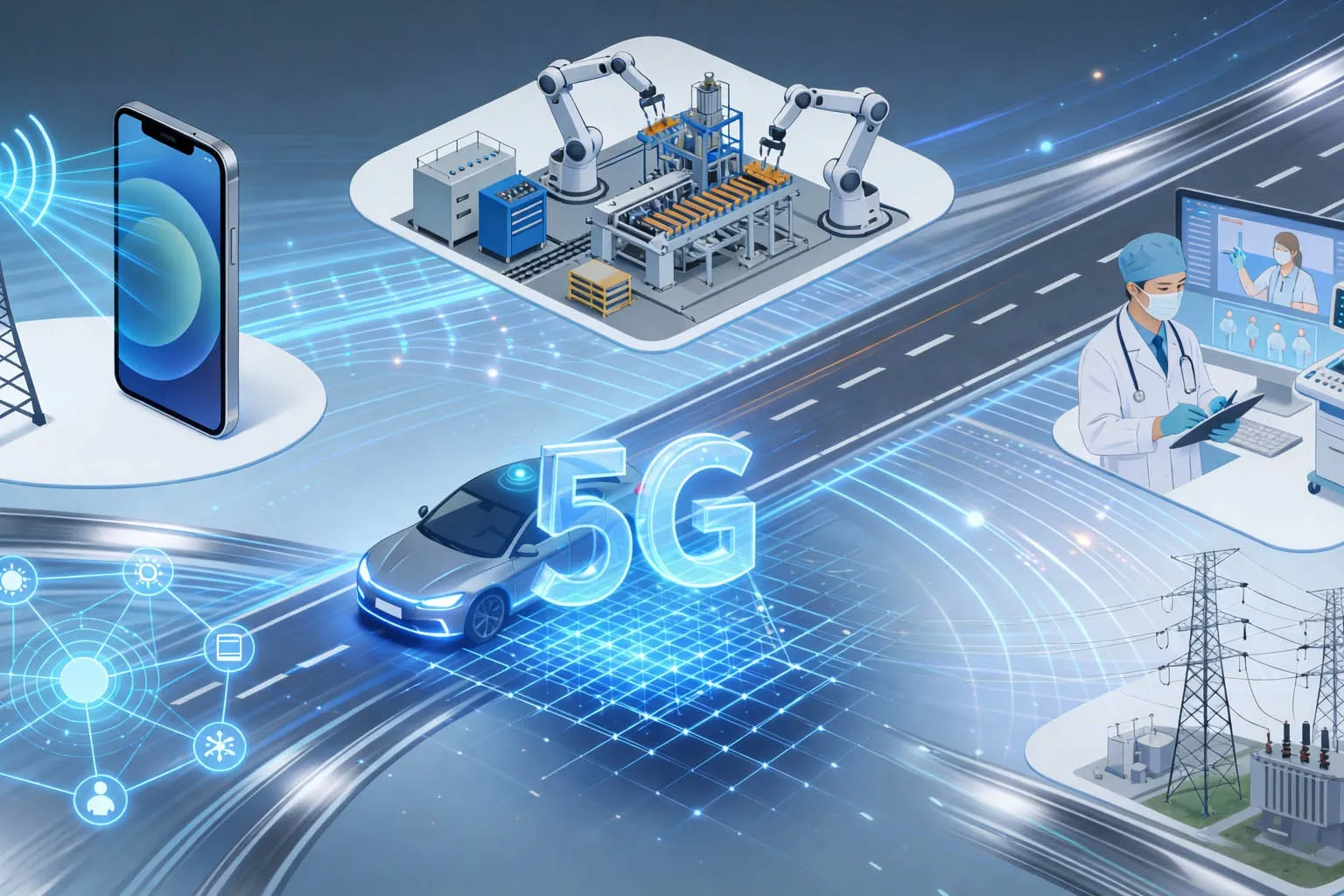 5G应用于移动宽带、智能工业、运输、医疗、公用事业以及大规模物联网环境，在这些环境中，覆盖、移动性、容量和低延迟需要共同工作。