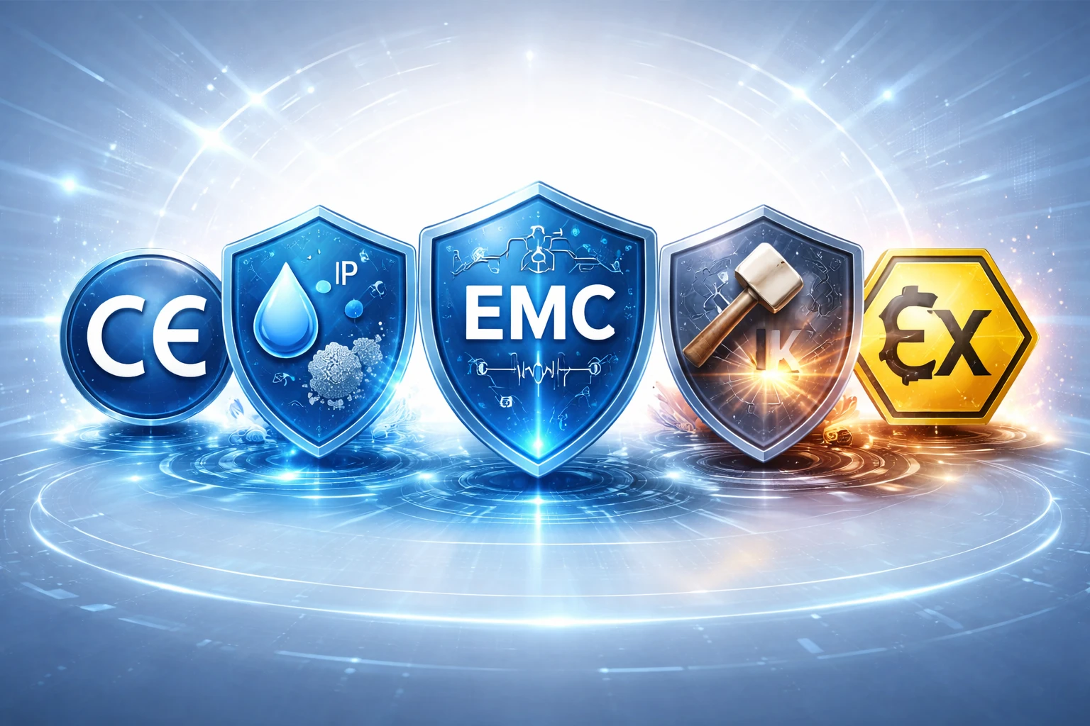 工业设备标签示例，显示CE标志以及IP等级、EMC符合性和ATEX或应用特定等级