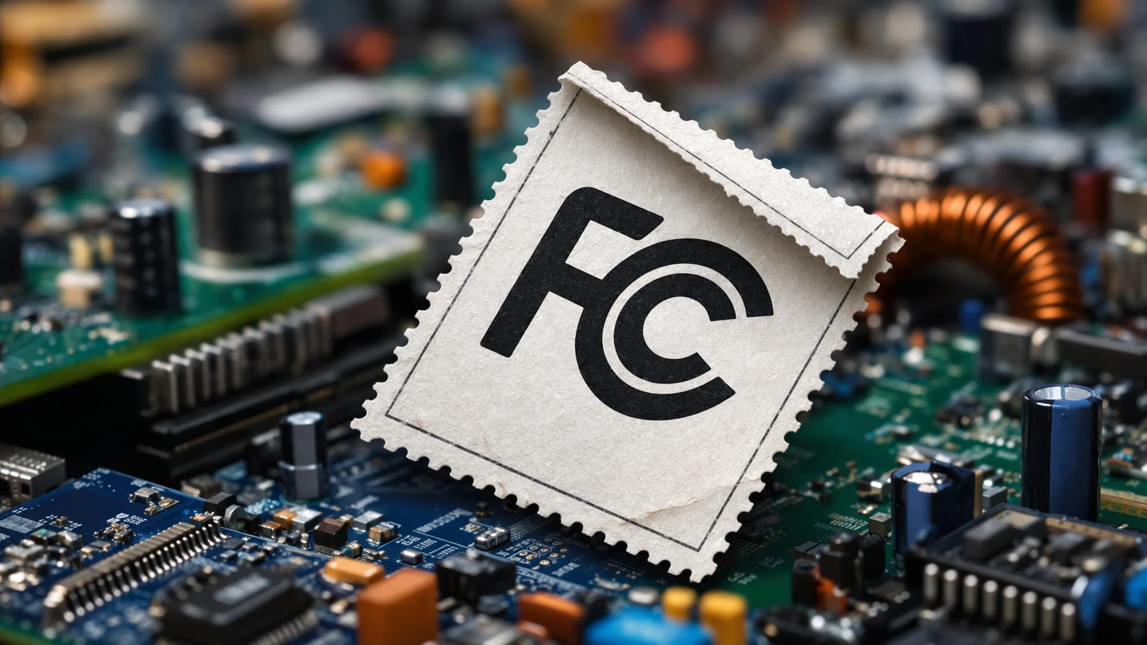 FCC设备认证流程示意图：从法规条款判定、检测、申报、标注到市场准入