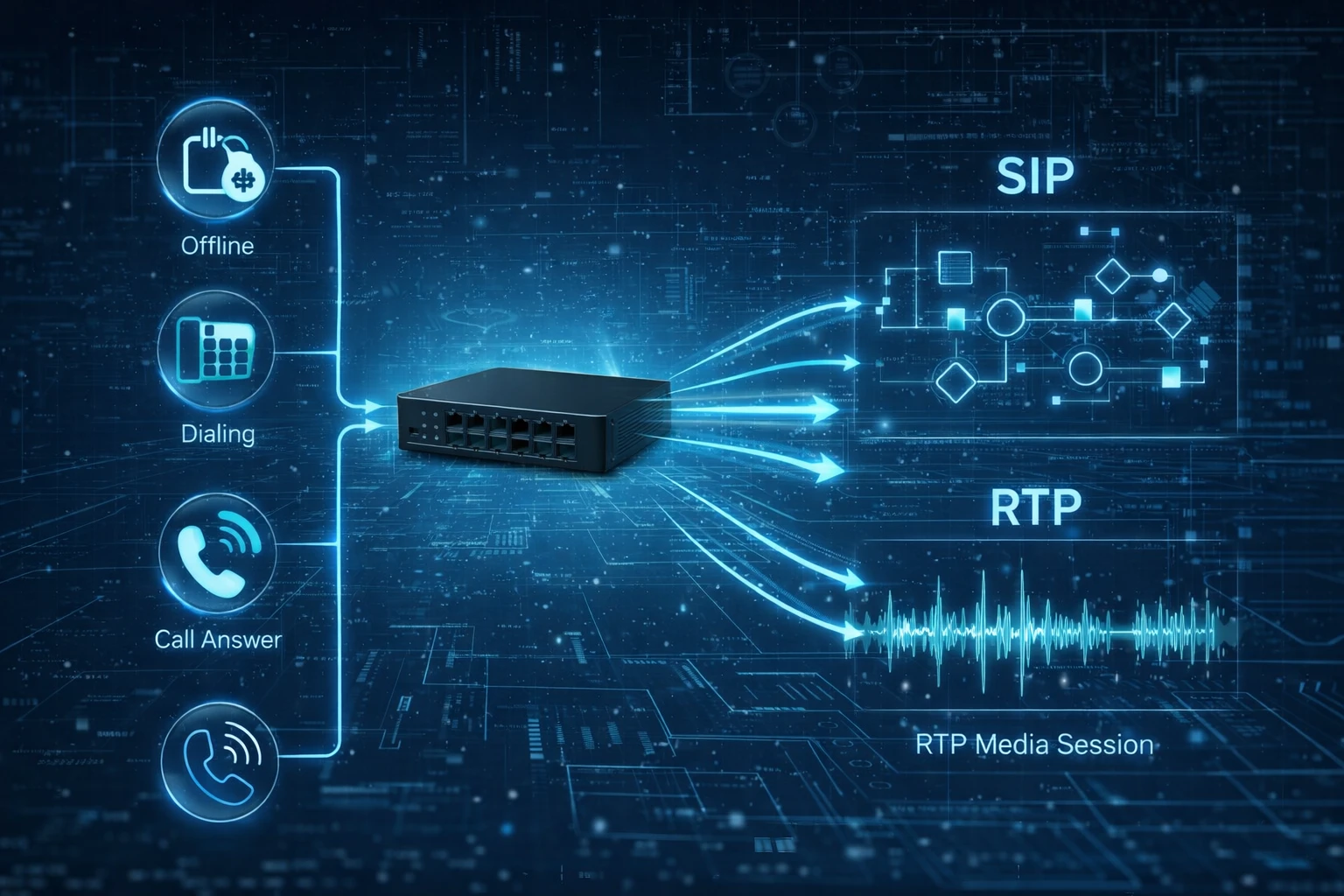 模拟电话动作经FXS网关转换为SIP信令和RTP媒体的呼叫流程图