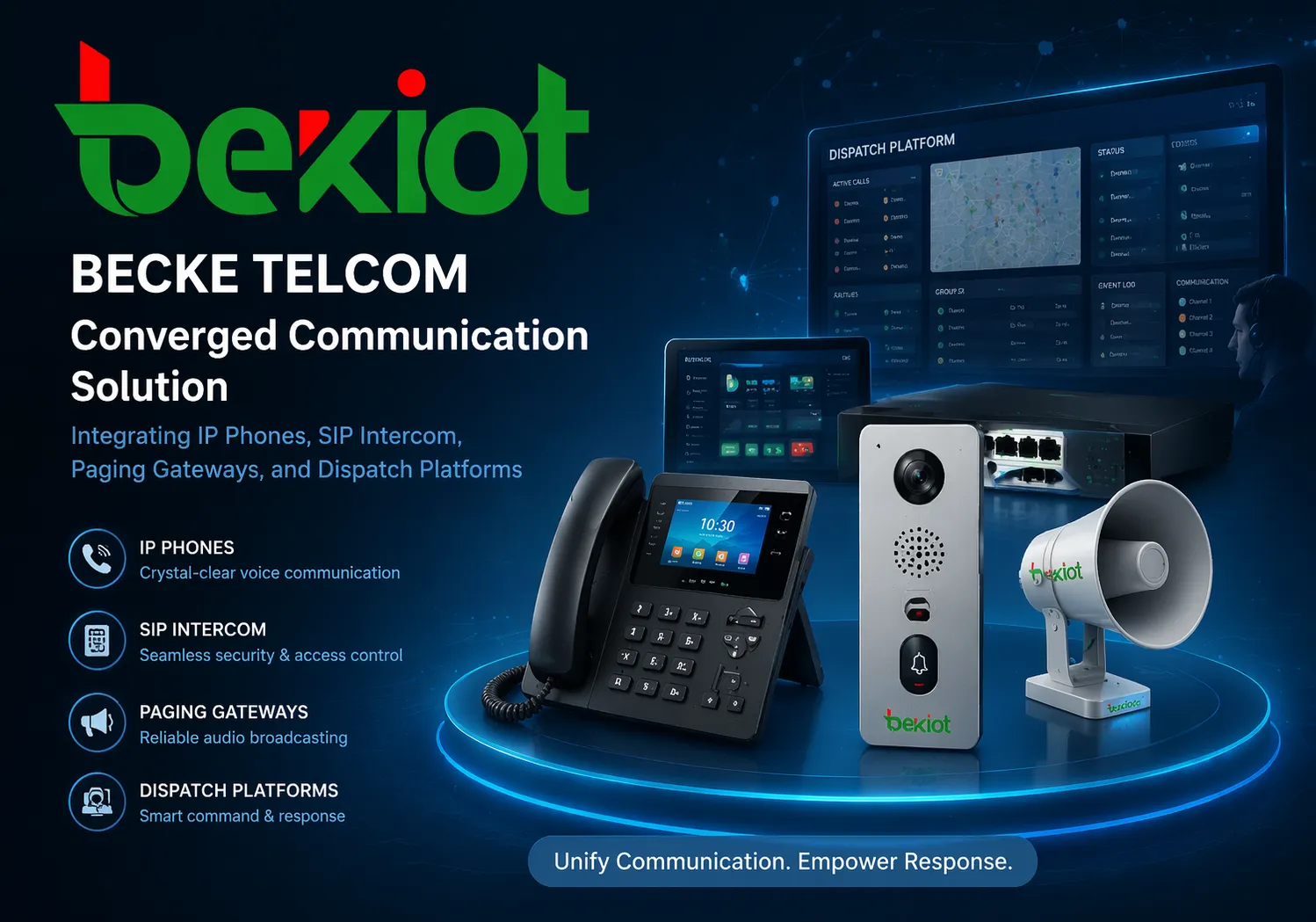 Becke Telcom 融合通信解决方案，集成 IP 电话、SIP 对讲、广播寻呼网关和调度平台