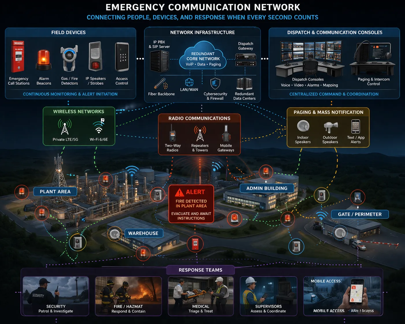 一体化应急调度中心，多通信渠道统筹协调通话、警报、无线通信与应急队伍