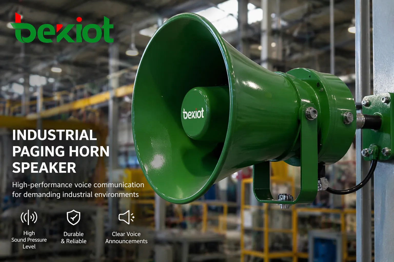 工业级广播号角扬声器，适用于工厂、仓库等高噪音环境，实现语音播报与警报广播