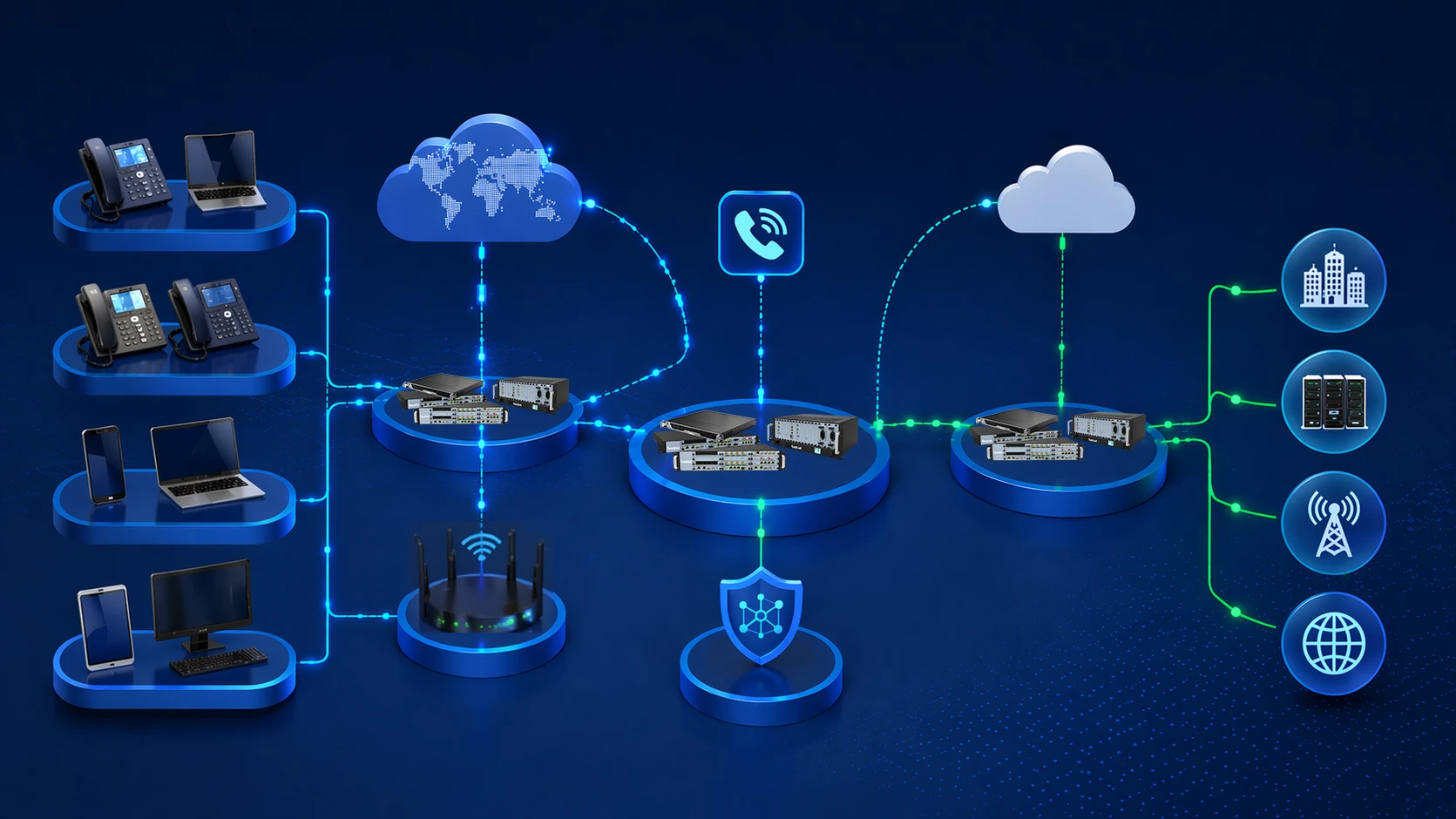 企业IP PBX系统架构，连接桌面电话、移动设备、笔记本、网络网关、云电话、安全设备与企业通信终端