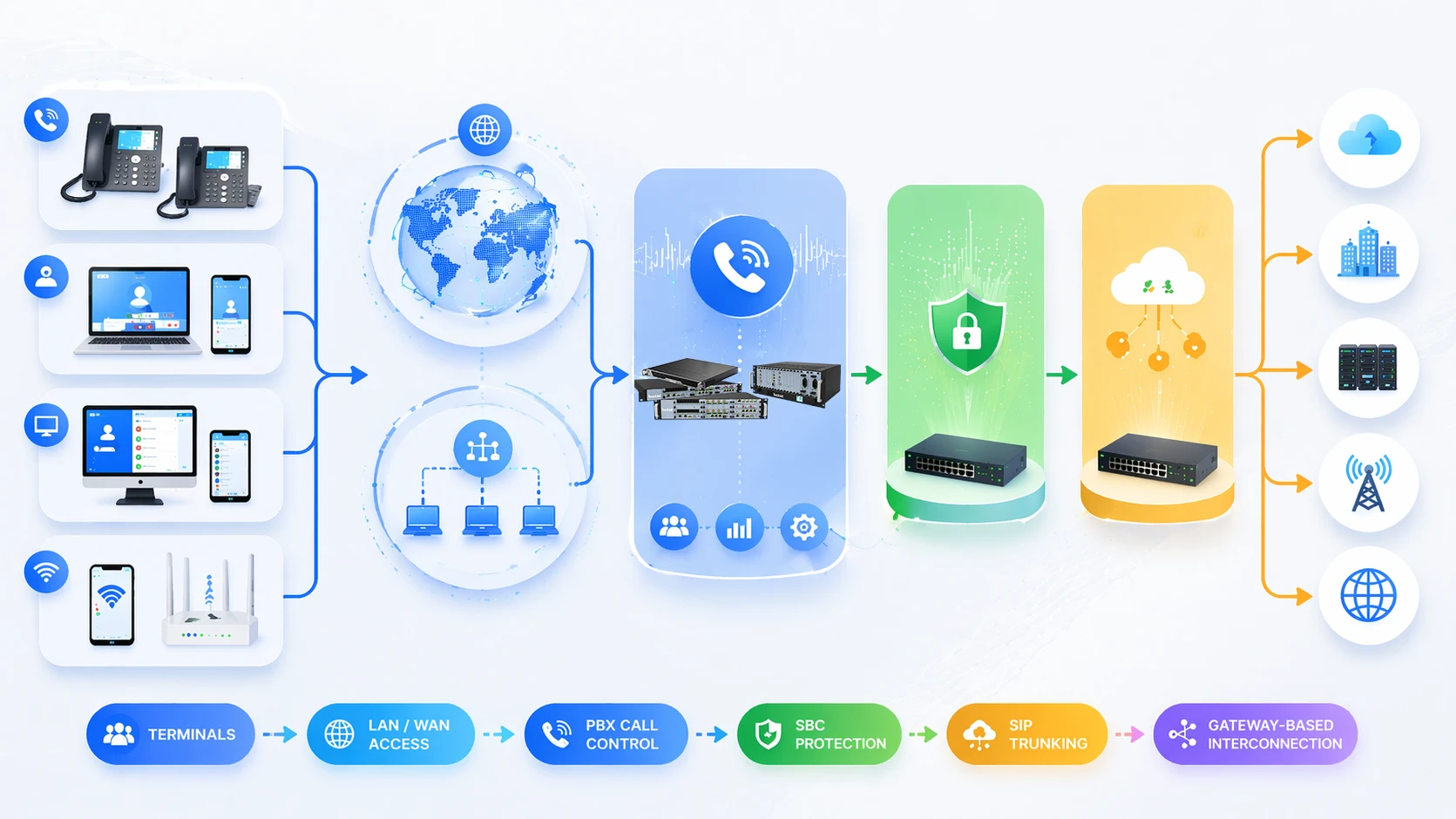 IP PBX通话流程，展示IP企业网络内的信令控制与语音媒体传输