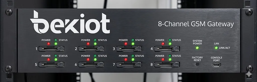 Becke Telcom 8通道GSM网关正面图，显示SIM插槽和LED状态指示灯