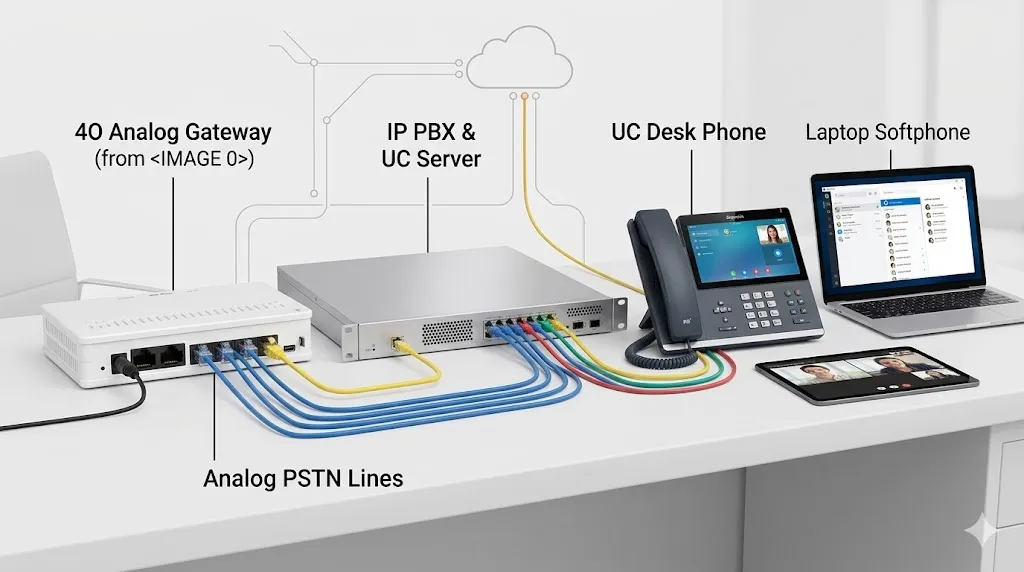 与 IP PBX 和统一通信平台连接的 4O 模拟网关
