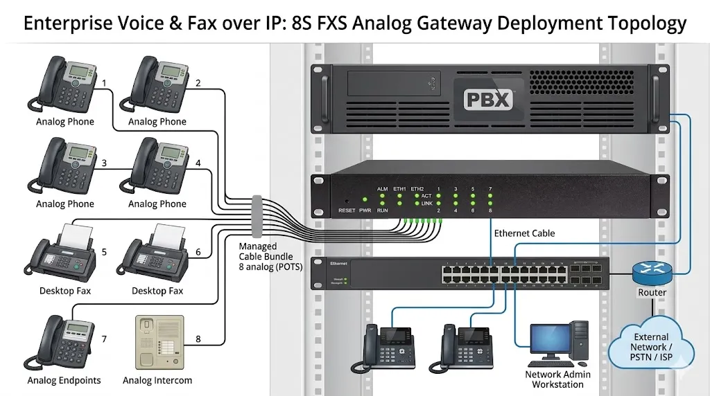 搭配模拟电话、传真机与IP PBX部署的8S模拟网关