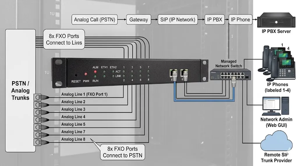 用于模拟中继与SIP网络集成的IPGA-80 FXO网关正面图