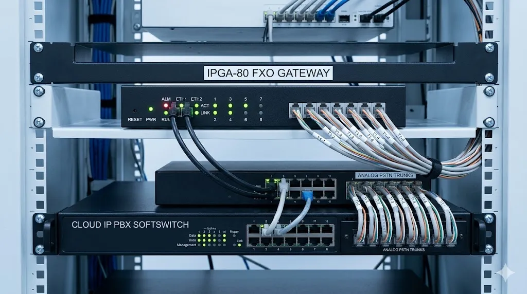 与IP PBX软交换及模拟中继线路连接的IPGA-80 FXO网关