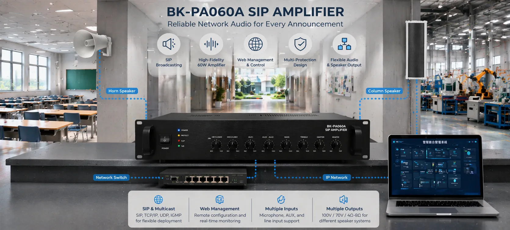 部署于园区、工厂或商业公共广播系统的BK-PA60A SIP功放