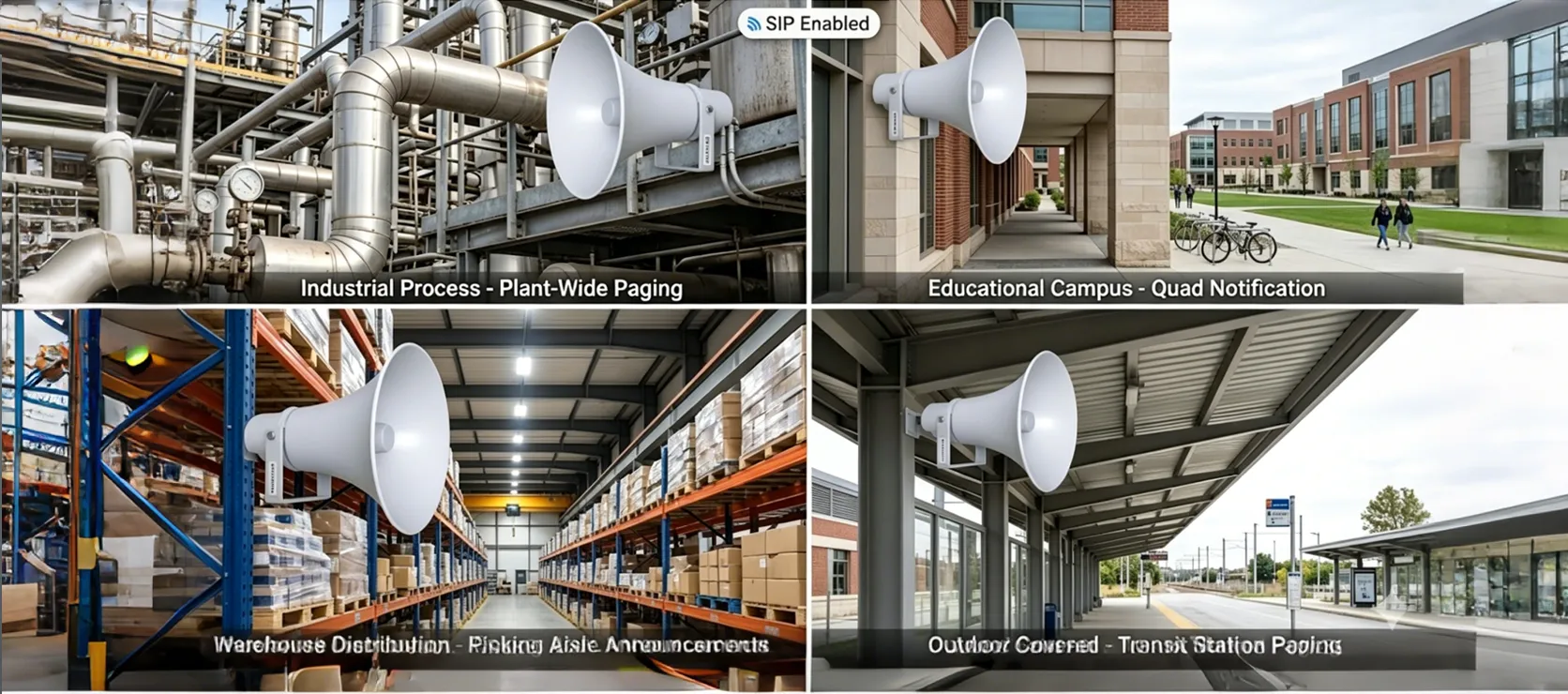 部署于工业、园区、仓库或户外遮阳区寻呼场景的PA-BHS-IP50 SIP号角音箱