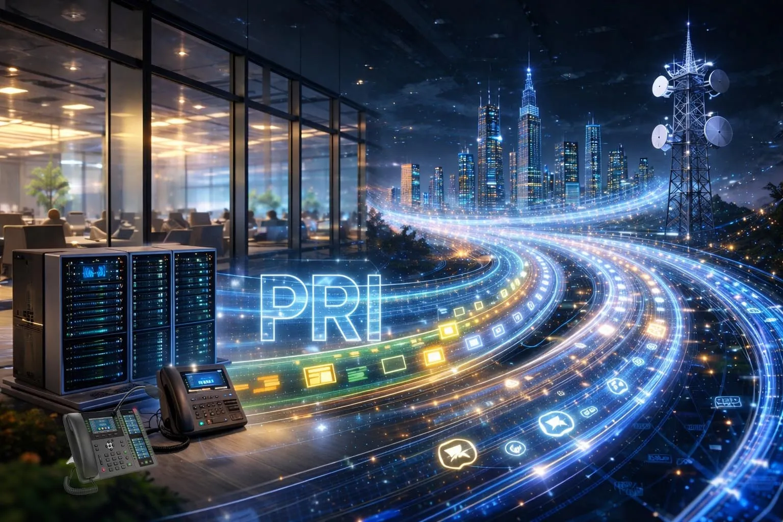 Primary Rate Interface通过带有多个语音通道和专用信令通道的数字中继连接企业PBX与运营商网络