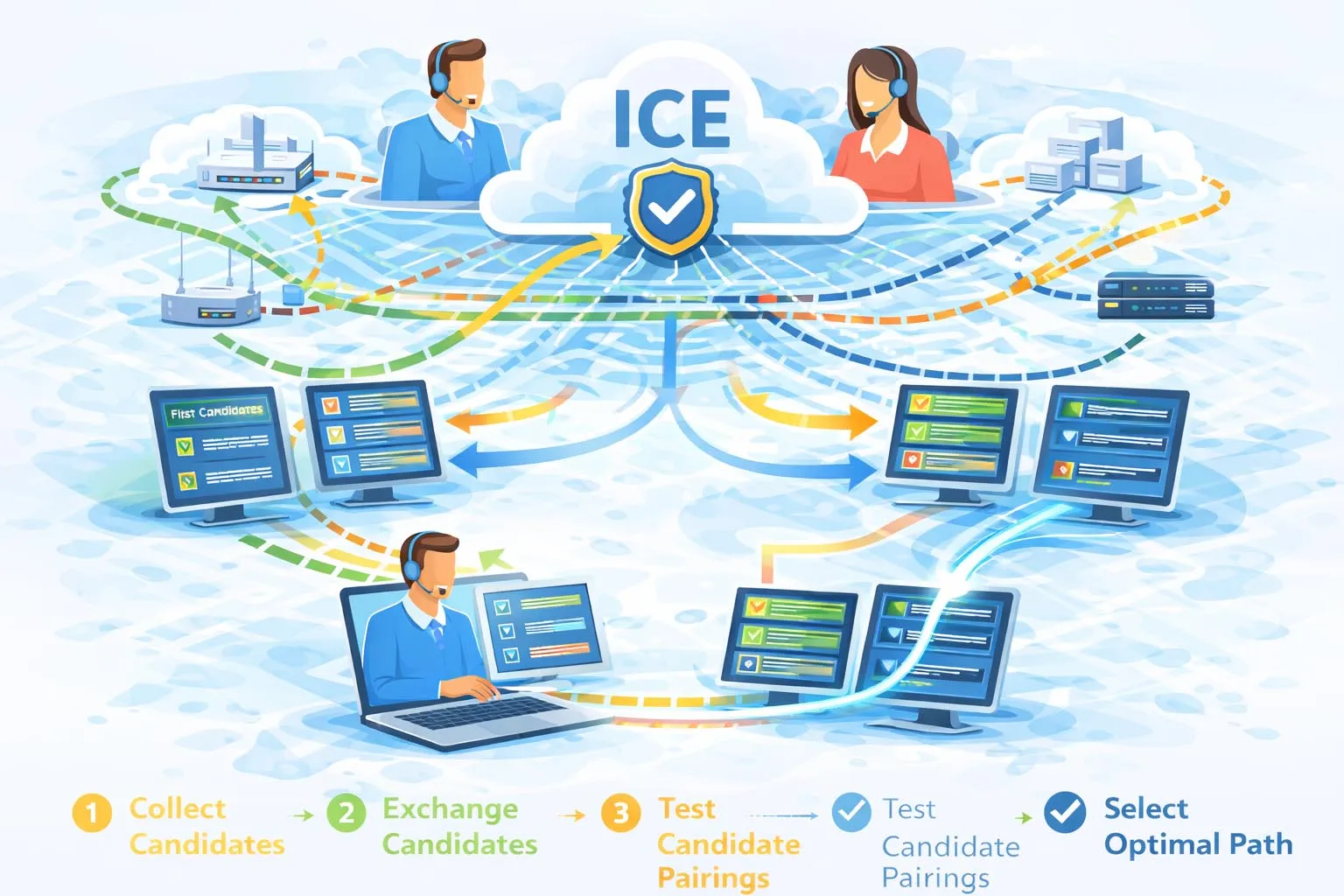 ICE 在主机、服务器反射和中继候选项之间进行候选收集、交换、连接检查和提名