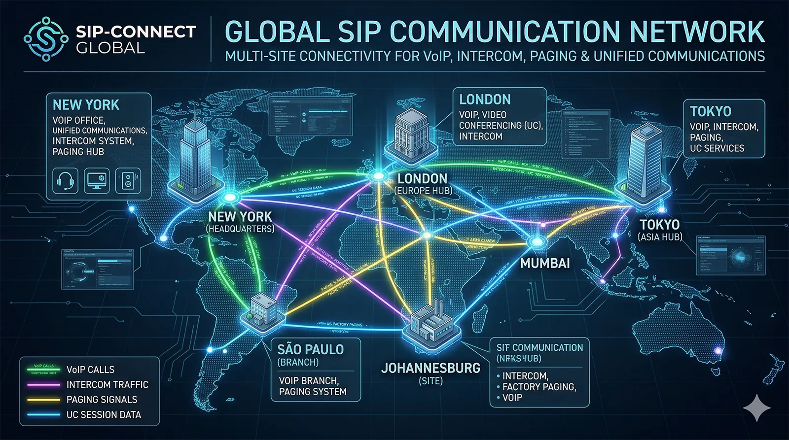 全球SIP通信网络拓扑：实现VoIP、对讲、广播、统一通信的多站点互联