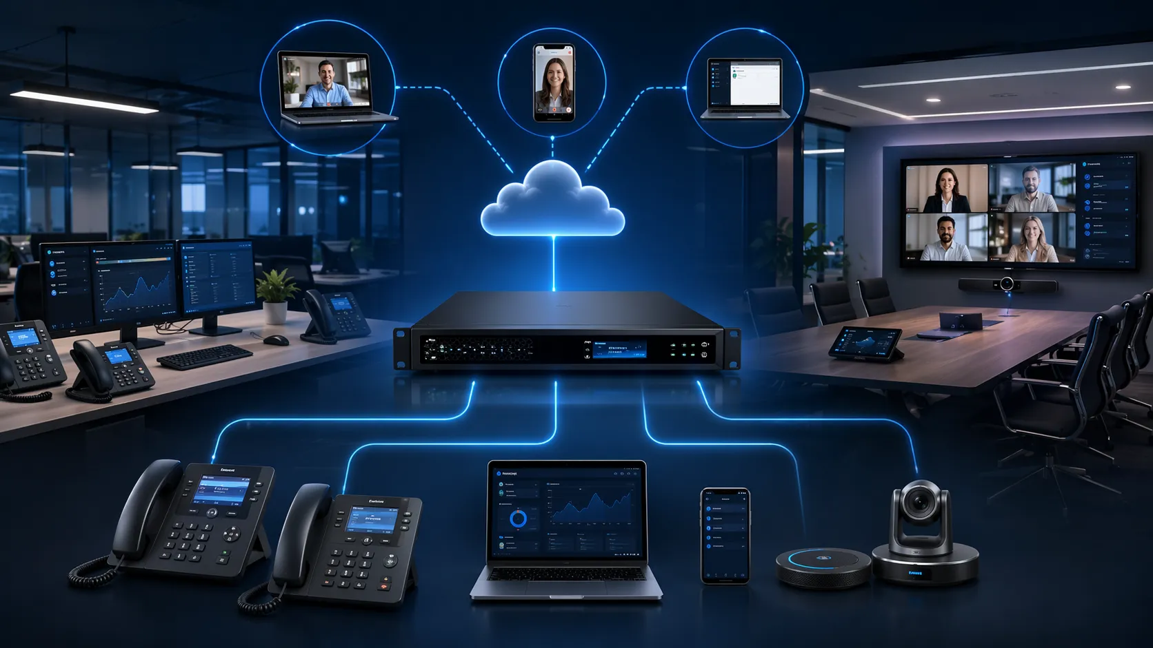 Grandstream 内置 IP PBX 在企业網路中支持办公桌機、视频端点与远程使用者