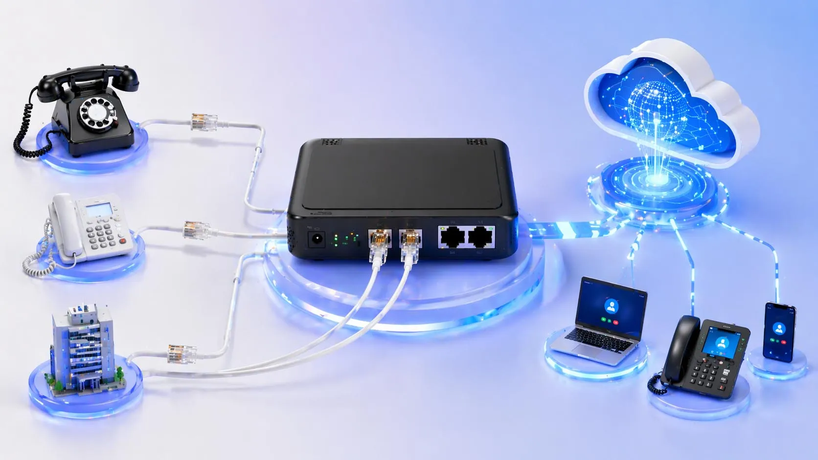 办公通信环境中通过 RJ11 线缆连接的电话手柄