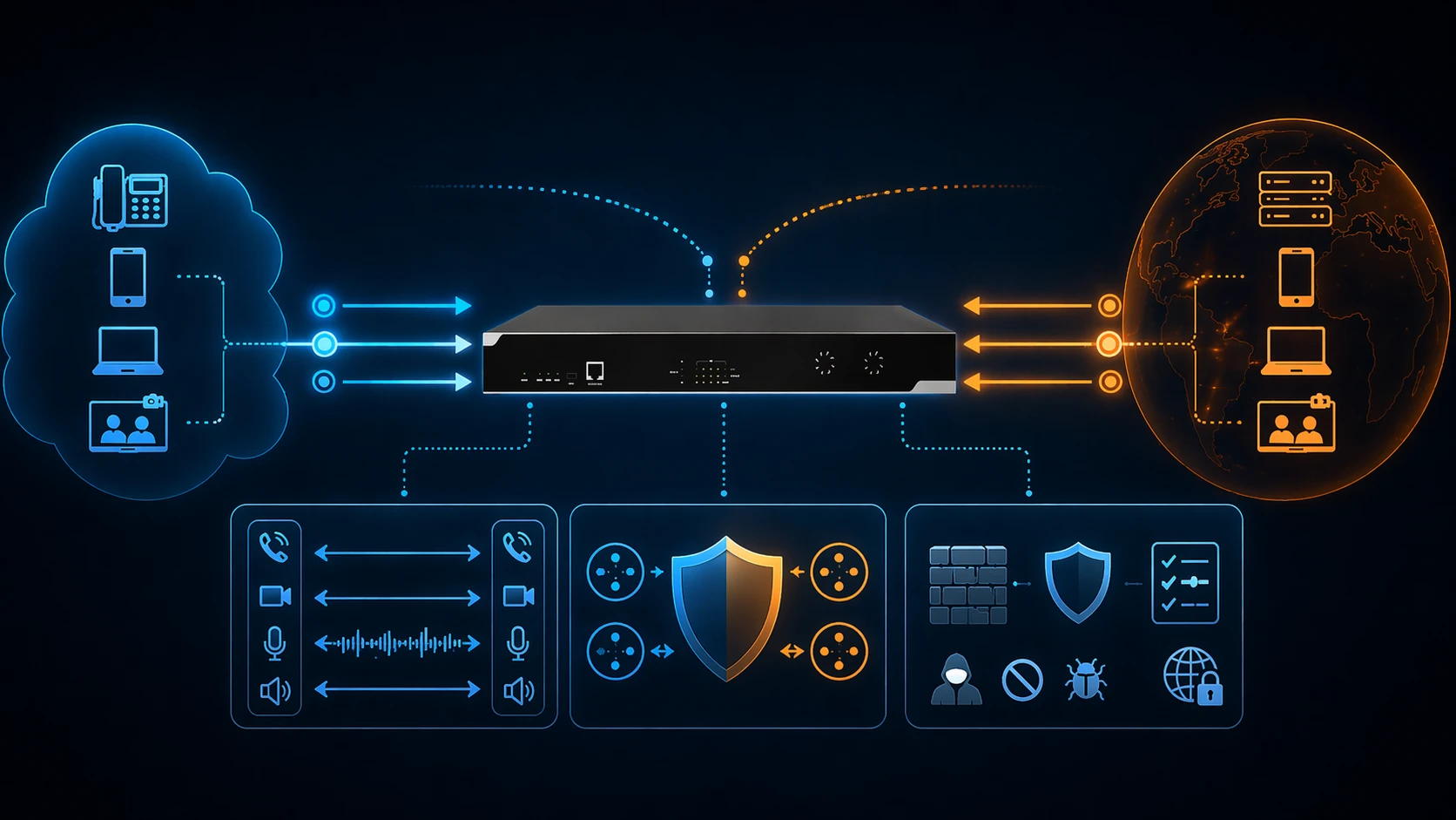 Session Border Controller 在两个 IP 网络之间处理 SIP 信令和媒体，并应用安全、策略与互通功能