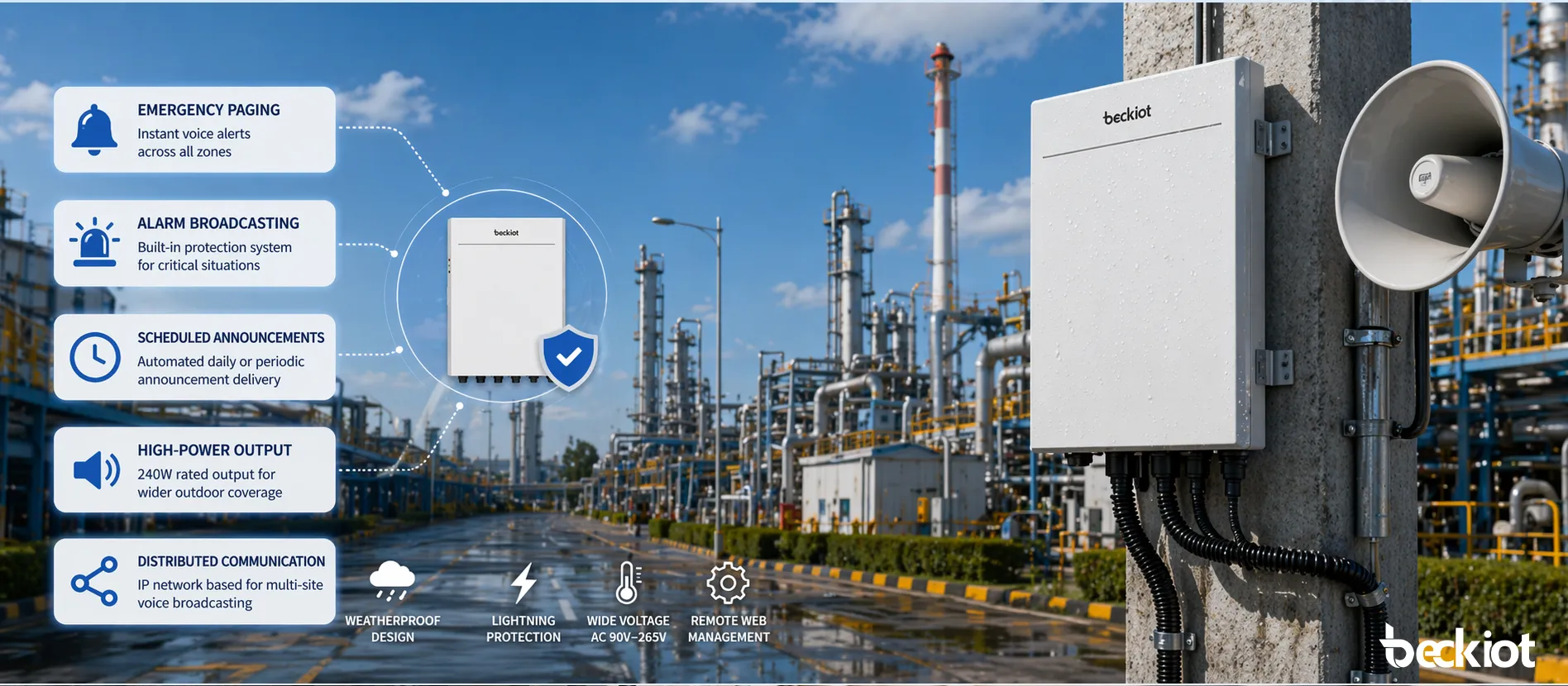 BK-PA240AF outdoor weatherproof PA amplifier used for emergency paging and alarm broadcasting in a large outdoor industrial facility