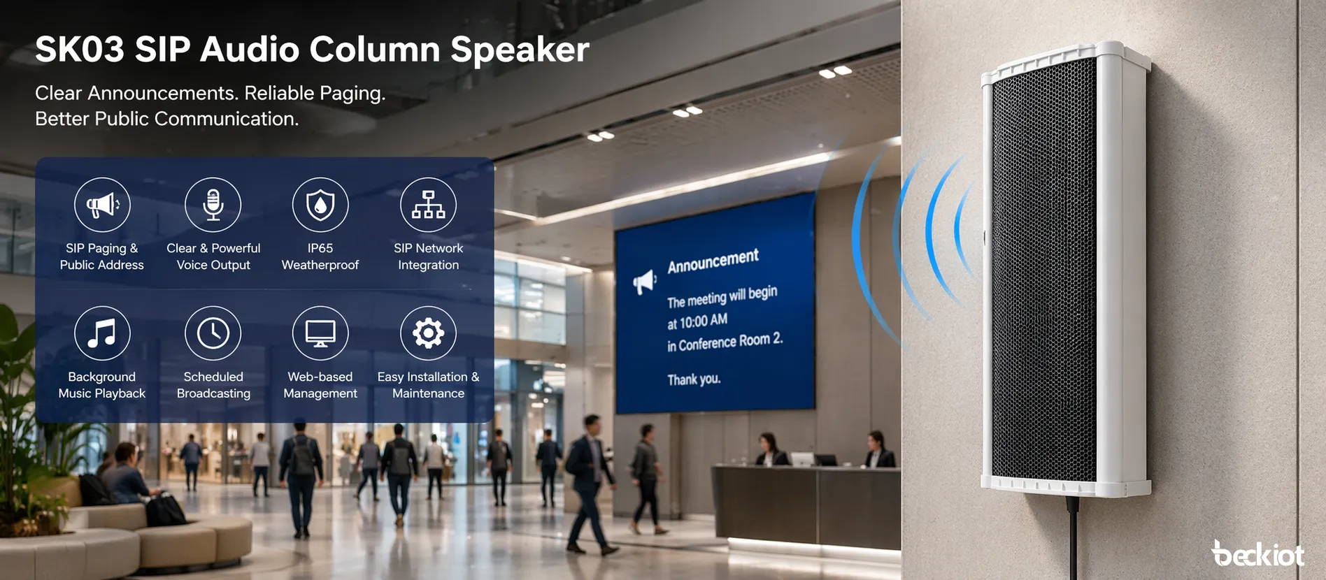 SK03 SIP audio column speaker used for public announcements and background broadcasting in a shared public space