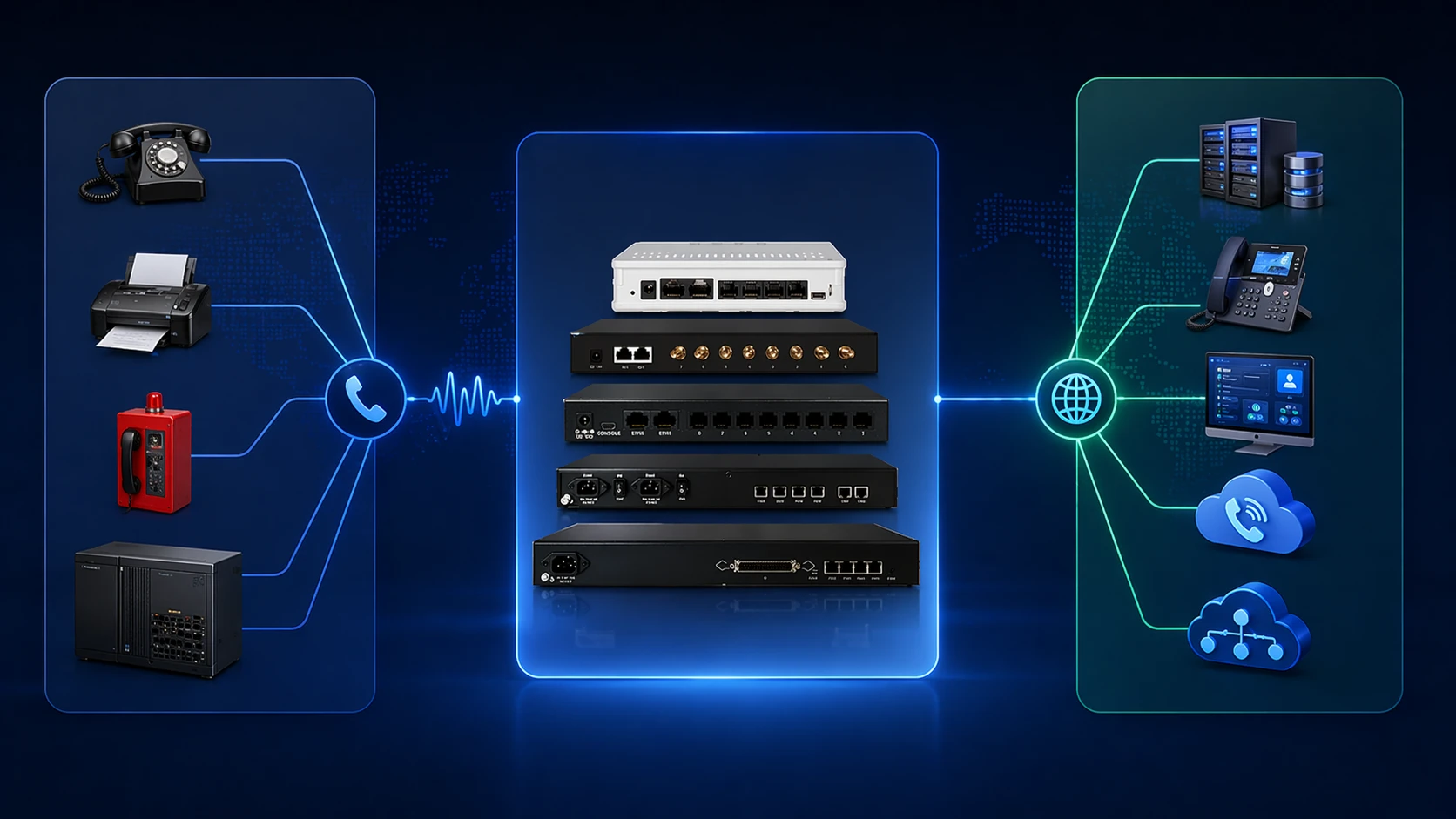 VoIP 网关网络架构，展示模拟终端、PSTN 或 PBX 中继、网关处理层、SIP 服务器和 IP 网络