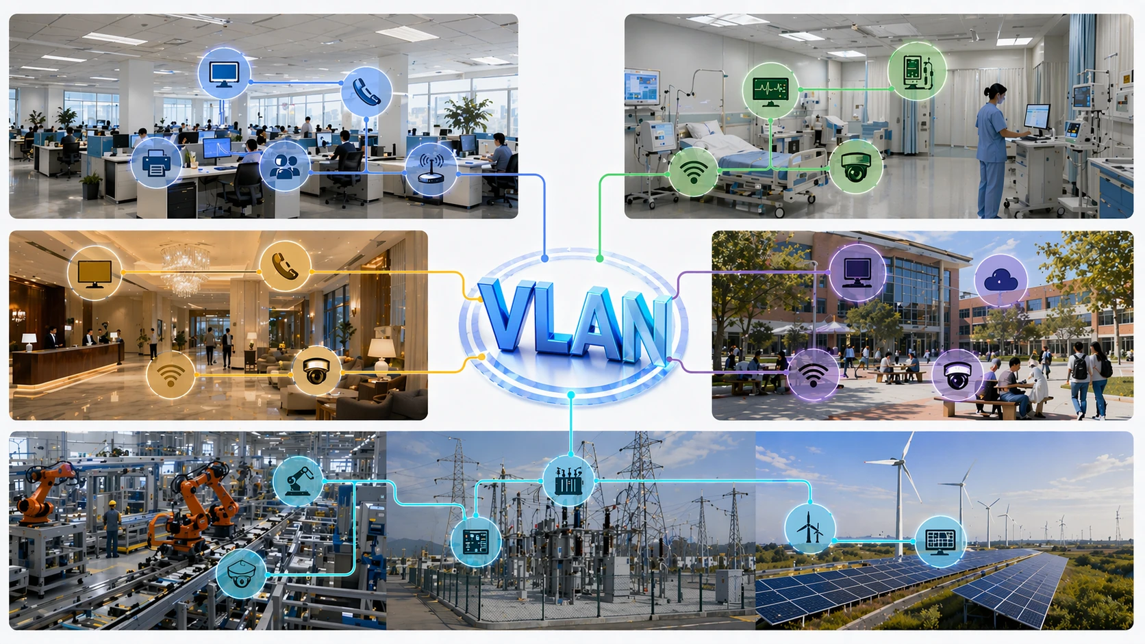 VLAN 分段应用于企业办公室、园区 Wi-Fi、医院、监控系统和工业控制网络