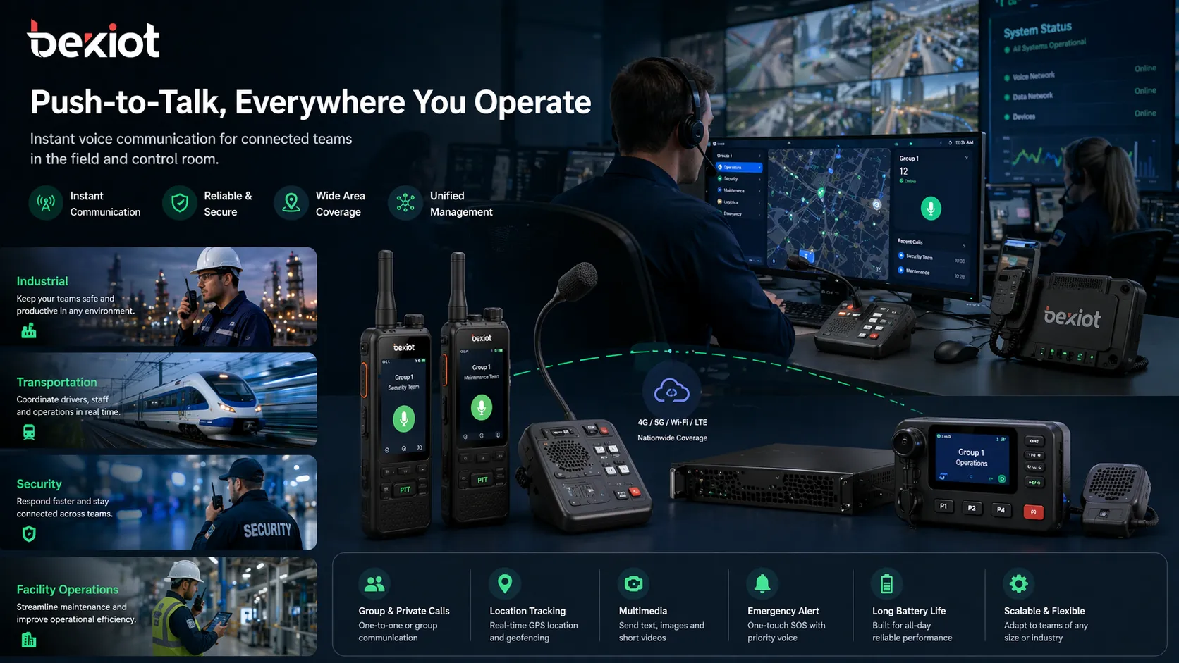 Push-to-Talk 应用于工业、交通、安全和设施运营场景，连接现场团队与调度人员