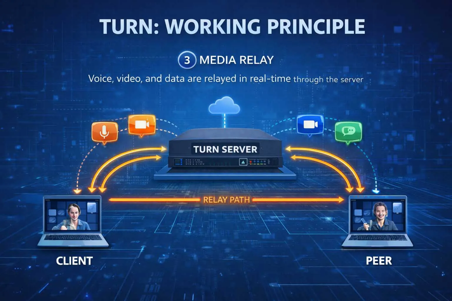 在不同应用场景下，通过 TURN 服务器中继的语音、视频和实时数据会话