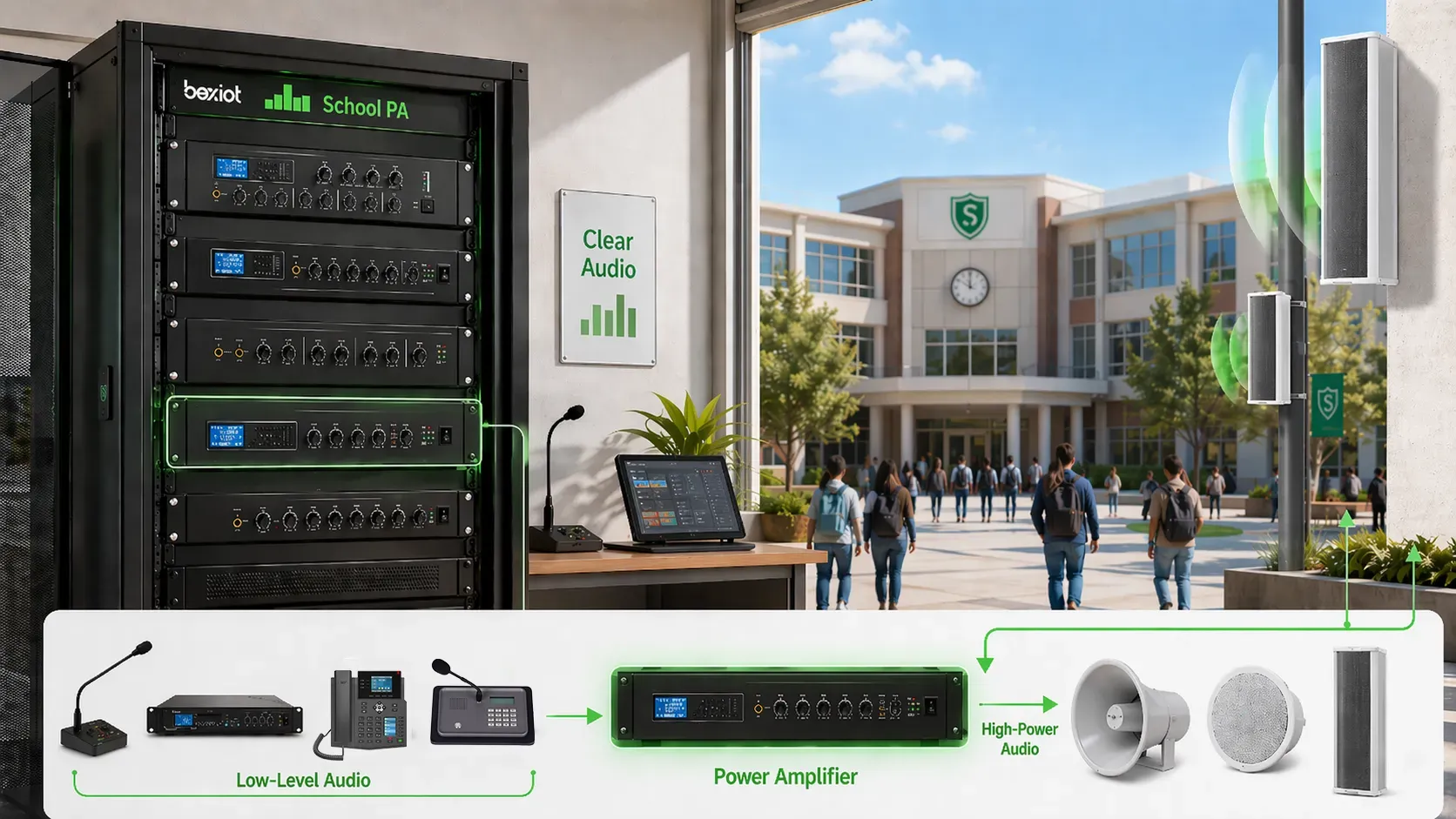 安装在专业广播与音频控制室中的机架式功率放大器