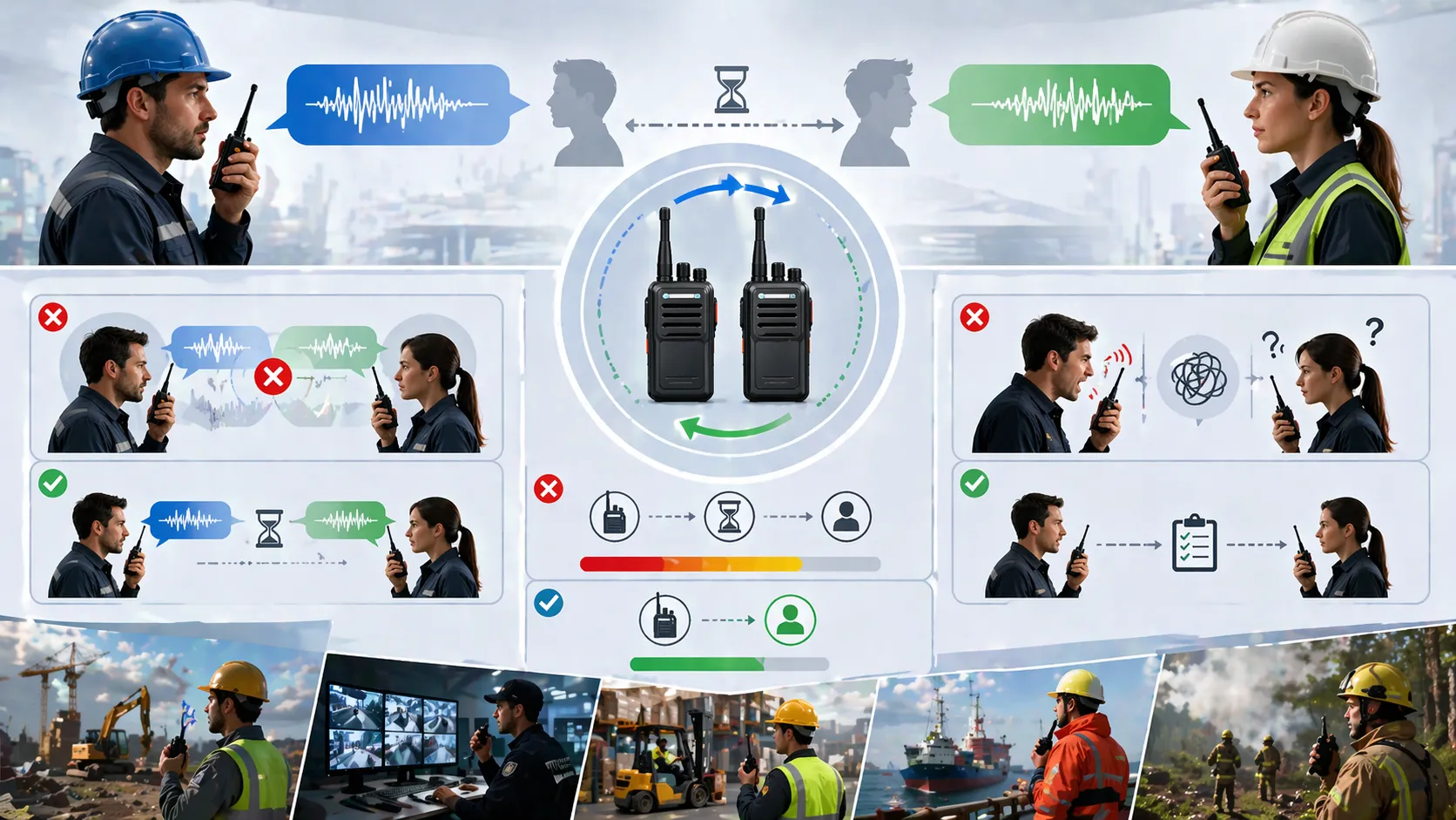 现场操作中使用半双工通信，用户通过共享信道依次发送信息