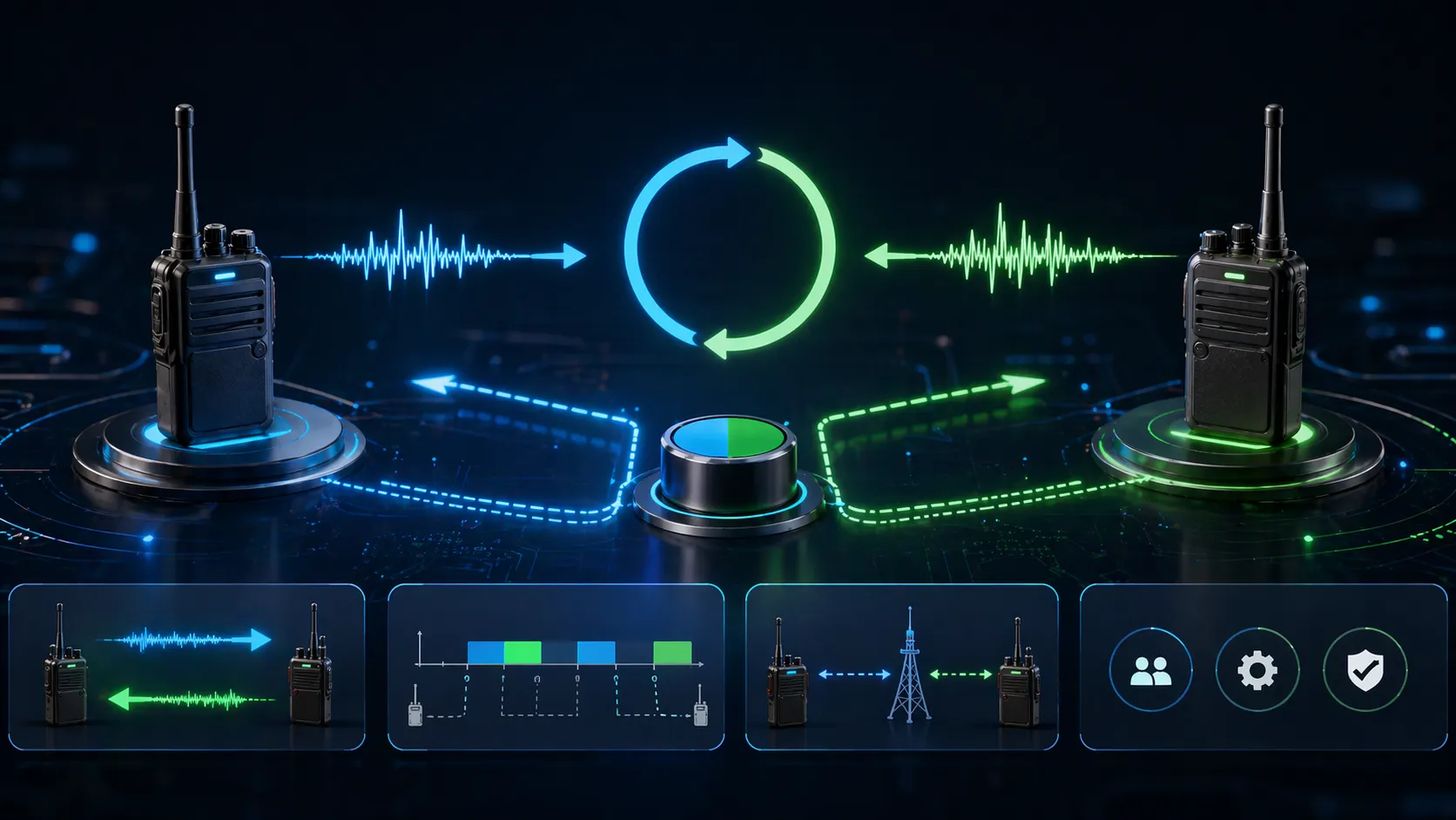 双工模式切换概念示意图，展示全双工、半双工及收发状态之间的切换逻辑