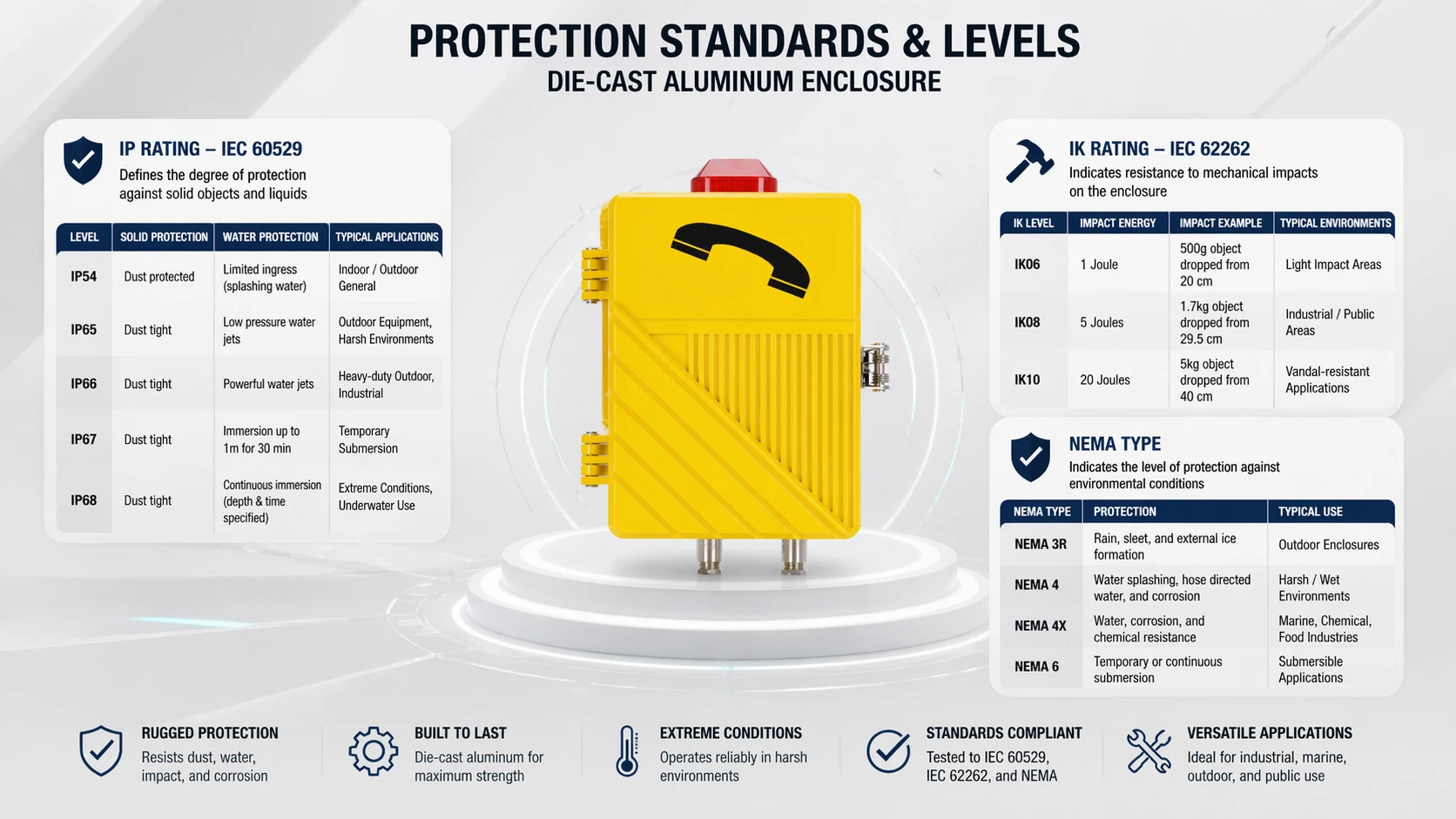 侧重IP防尘防水、IK防撞及NEMA标准规范的铸铝外壳