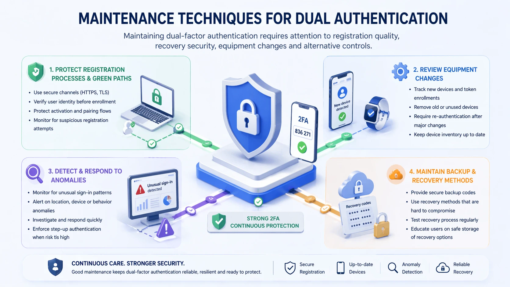 双因素认证运维流程包含注册绑定、账号找回、可信设备管理与政策定期审核