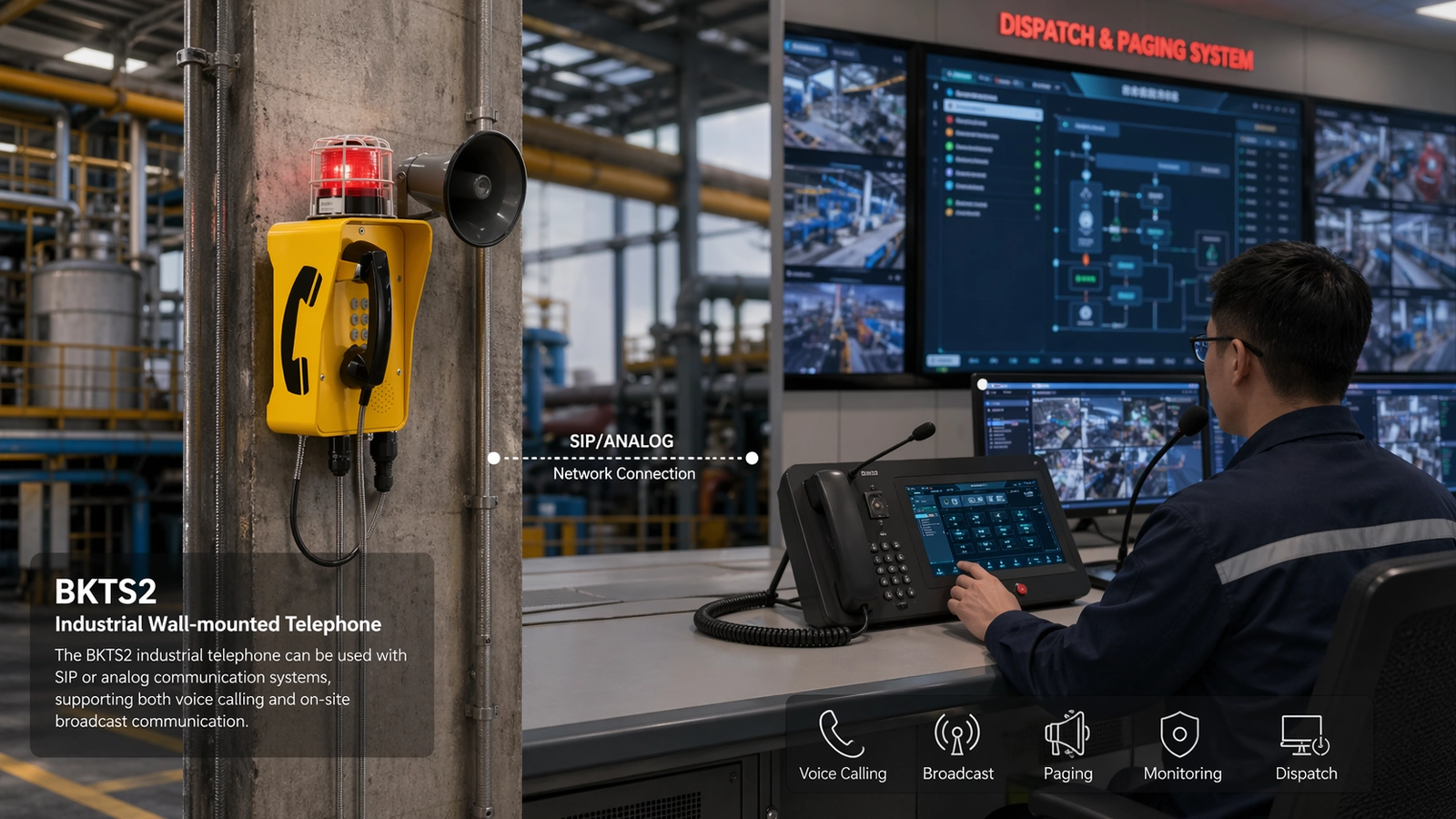 接入调度与广播系统的BKTS2工业壁挂电话（SIP/模拟通用）