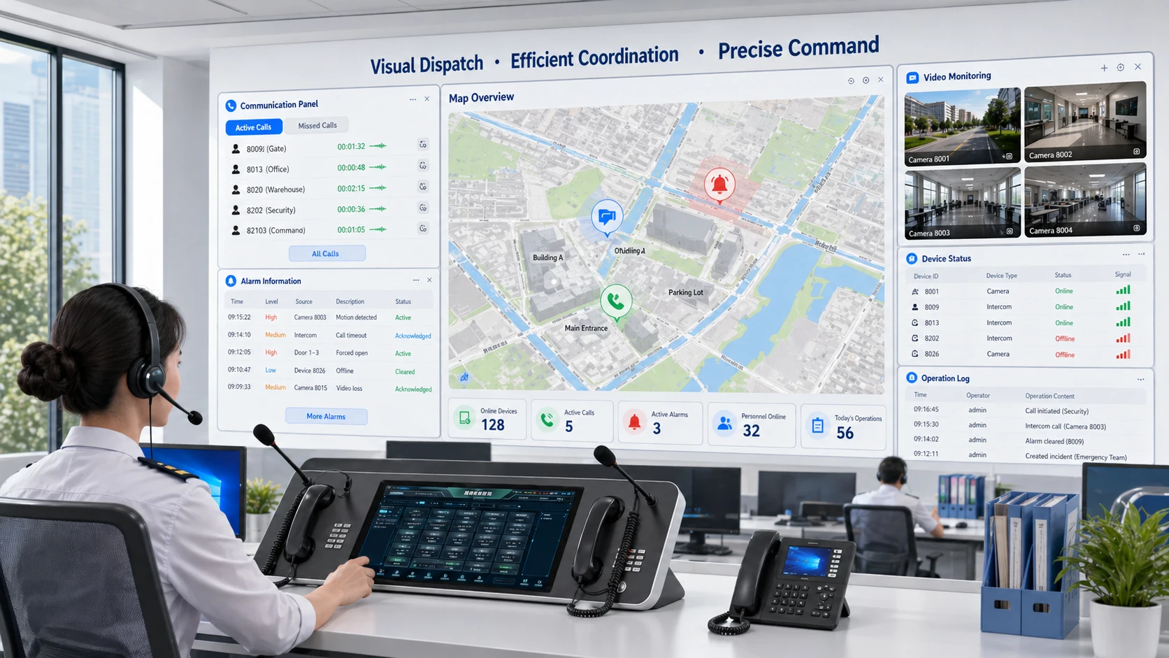 可视化调度系统展示基于地图的控制、实时视频、SIP通信面板和告警窗口