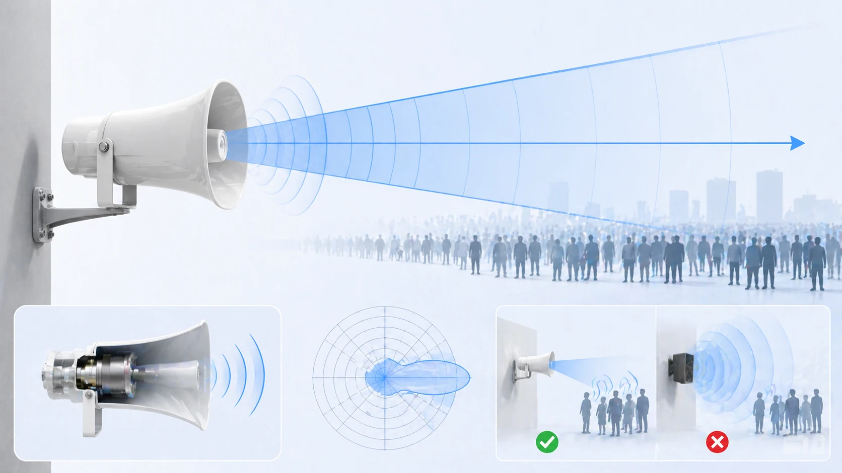 展示户外场景中号角扬声器定向发声与高效语音覆盖效果