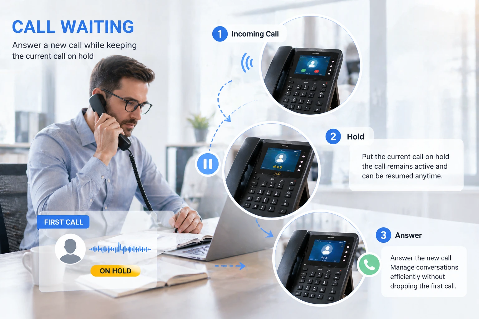 办公室用户一边确认信息、准备下一步沟通，一边将商务电话置于保持状态