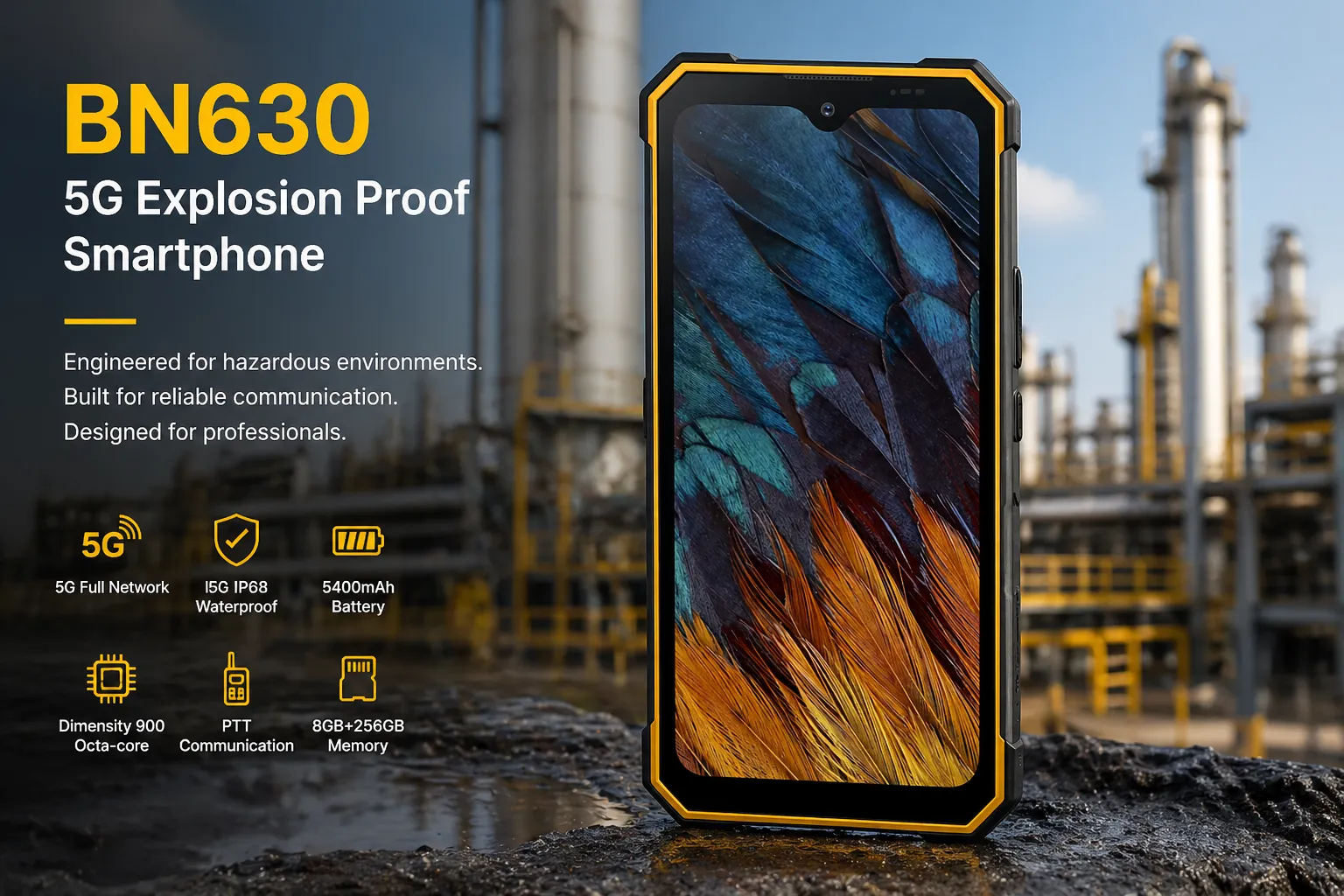 BN630 5G explosion proof smartphone front view with rugged yellow industrial design