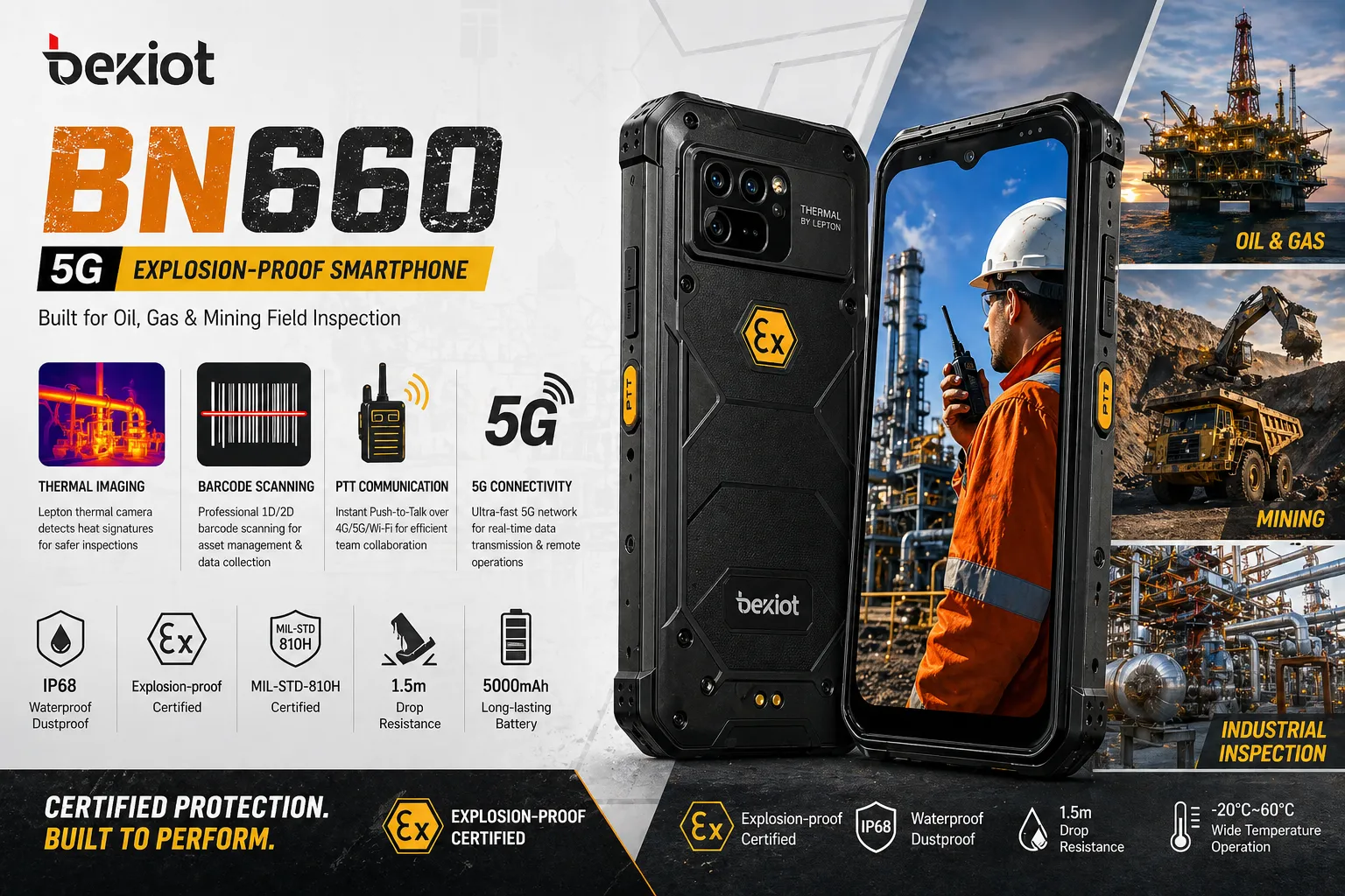N660 5G explosion-proof smartphone with thermal imaging barcode scanning and PTT communication