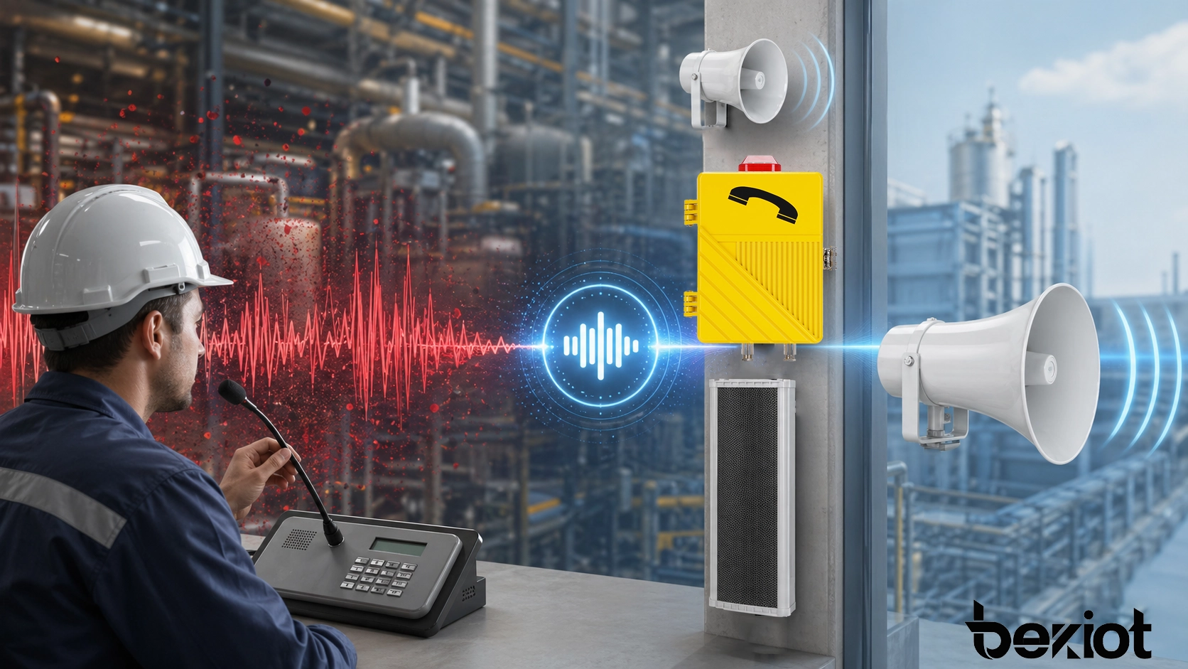 降噪 NR 概念图展示在商业和工业通信系统中降低背景噪声并保留清晰语音