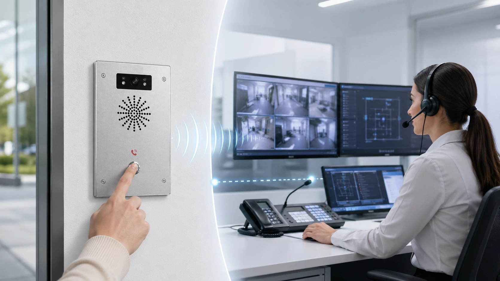 Talkback 通信概念图，展示控制室操作员通过双向语音系统向现场对讲用户进行回复