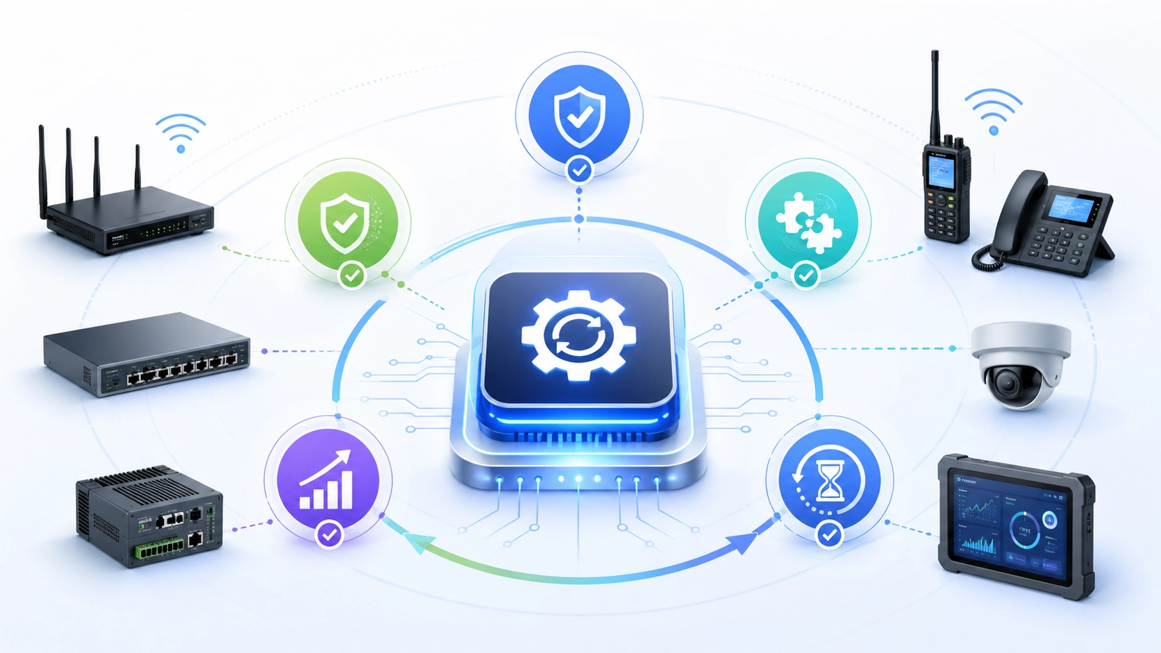 固件升级优势图，展示设备稳定性提升、安全补丁、兼容性更新和功能优化