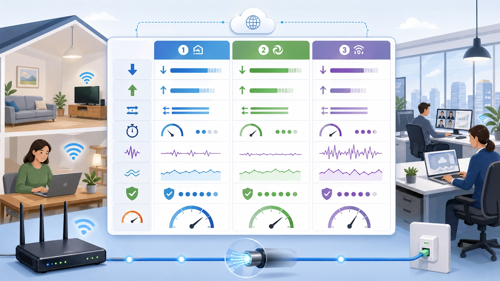 固定宽带运营商对比维度：下行速率、上行速率、网络时延、稳定性与网络可靠性等核心指标