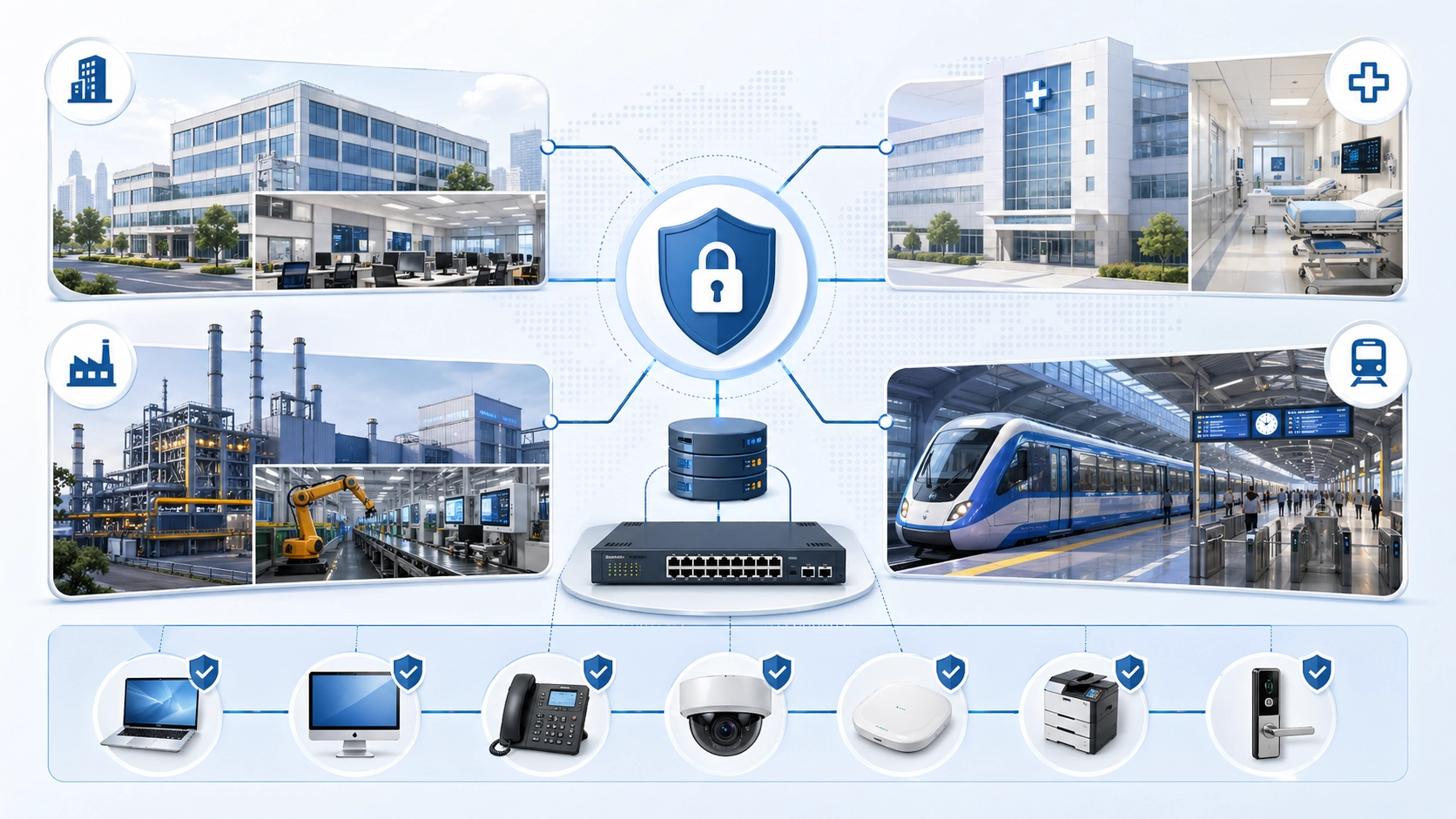 802.1X 应用场景，覆盖企业办公室、园区网络、医院、工业现场、交通系统、IP 电话、摄像机和接入交换机