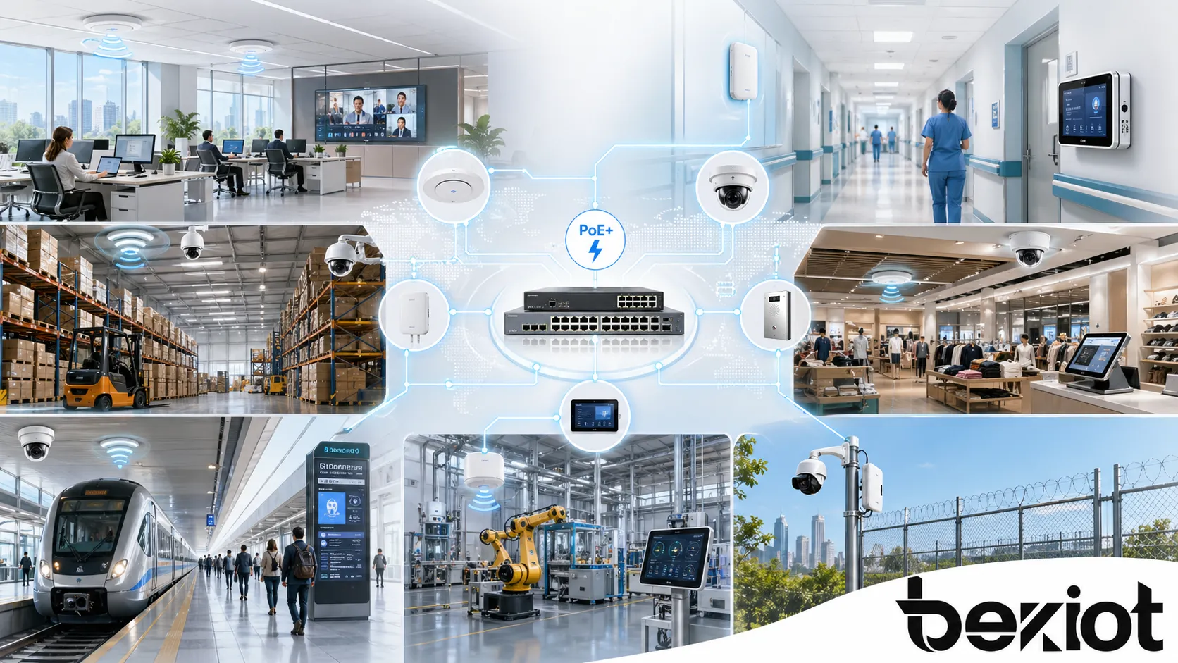 PoE+ 在办公室、园区、医院、仓库、零售场所、交通站点、工业设施和室外安防网络中的应用