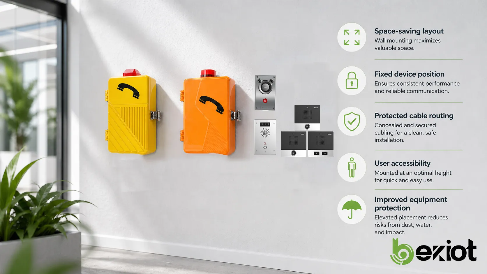 壁挂安装特点，展示节省空间、固定设备位置、受保护线缆、用户可达性和设备保护