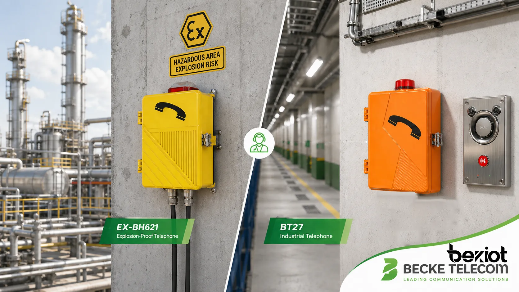 Becke Telcom 壁挂式 EX-BH621 防爆电话和 BT27 工业电话安装在危险区域和工业设施通信场景中
